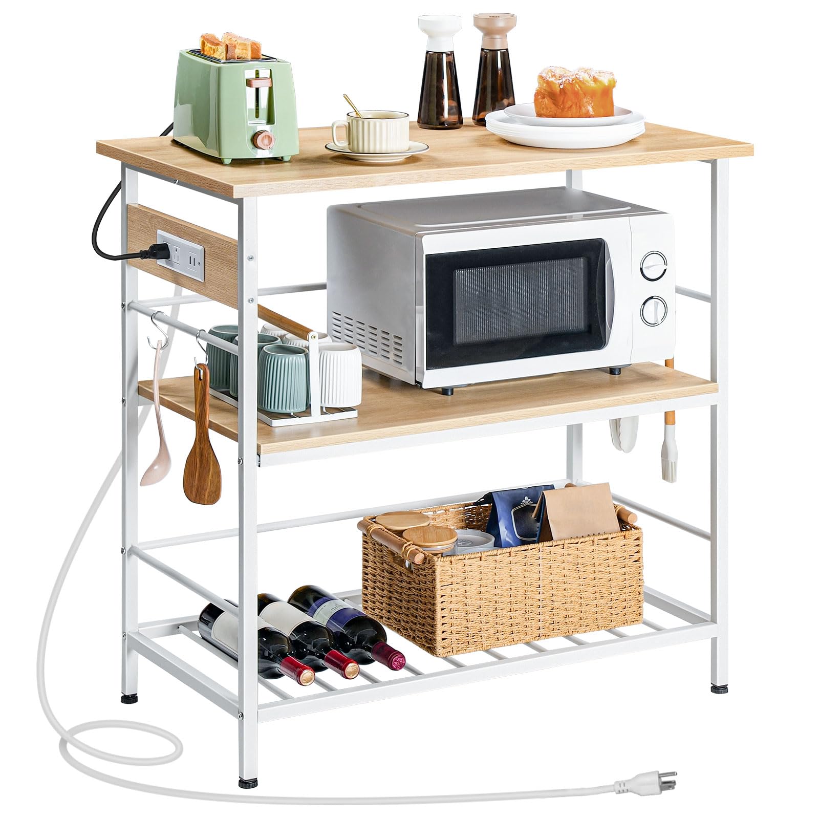 HOOBRO Kitchen Island with Storage & Power Outlet, 3-Tier Coffee Station & Microwave Stand - Natural White WN021ZD01 | Perfect for Small Kitchens, Breakfast Nooks & Dining Room Organization