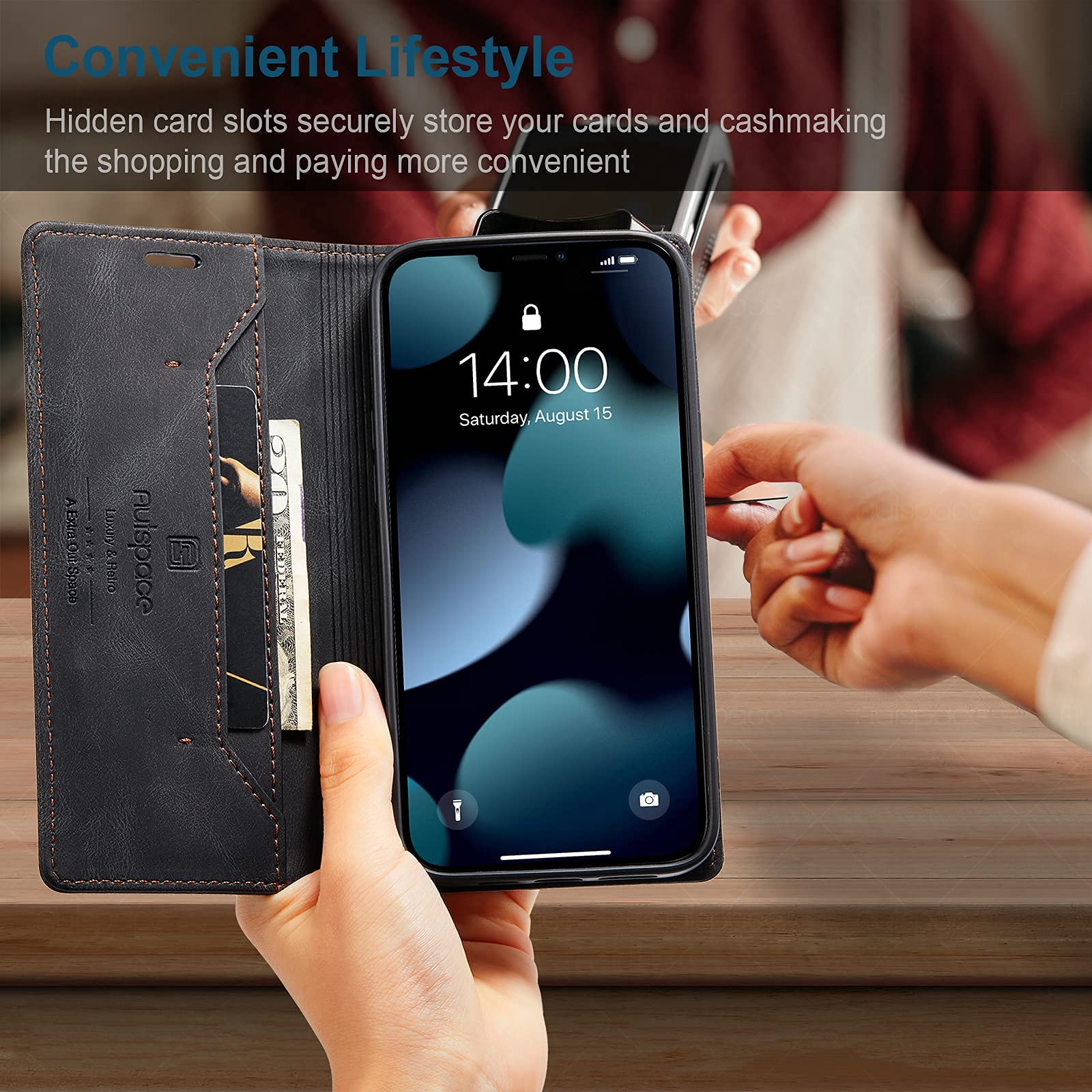 iPhone 13 Pro Max Case - PU Leather Wallet Cover with Card Holder & Kickstand | Shockproof Magnetic Flip Case for Work & Travel (6.7