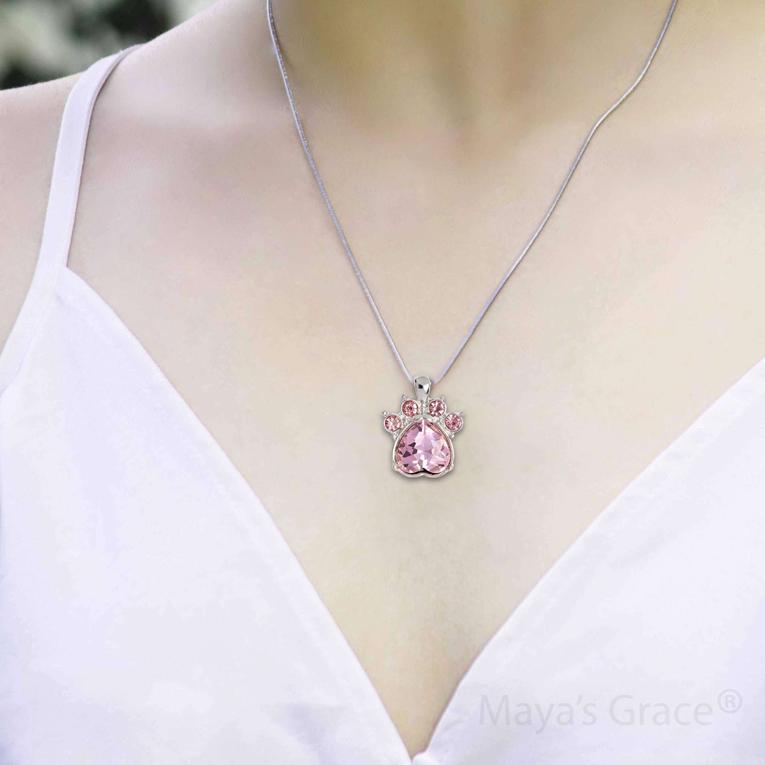 Mayas Grace Birthstone Paw Print Pendant Necklace for Women - Genuine Rhinestone Gemstone Jewelry - Perfect Gift for Pet Lovers, Mothers Day & Anniversary
