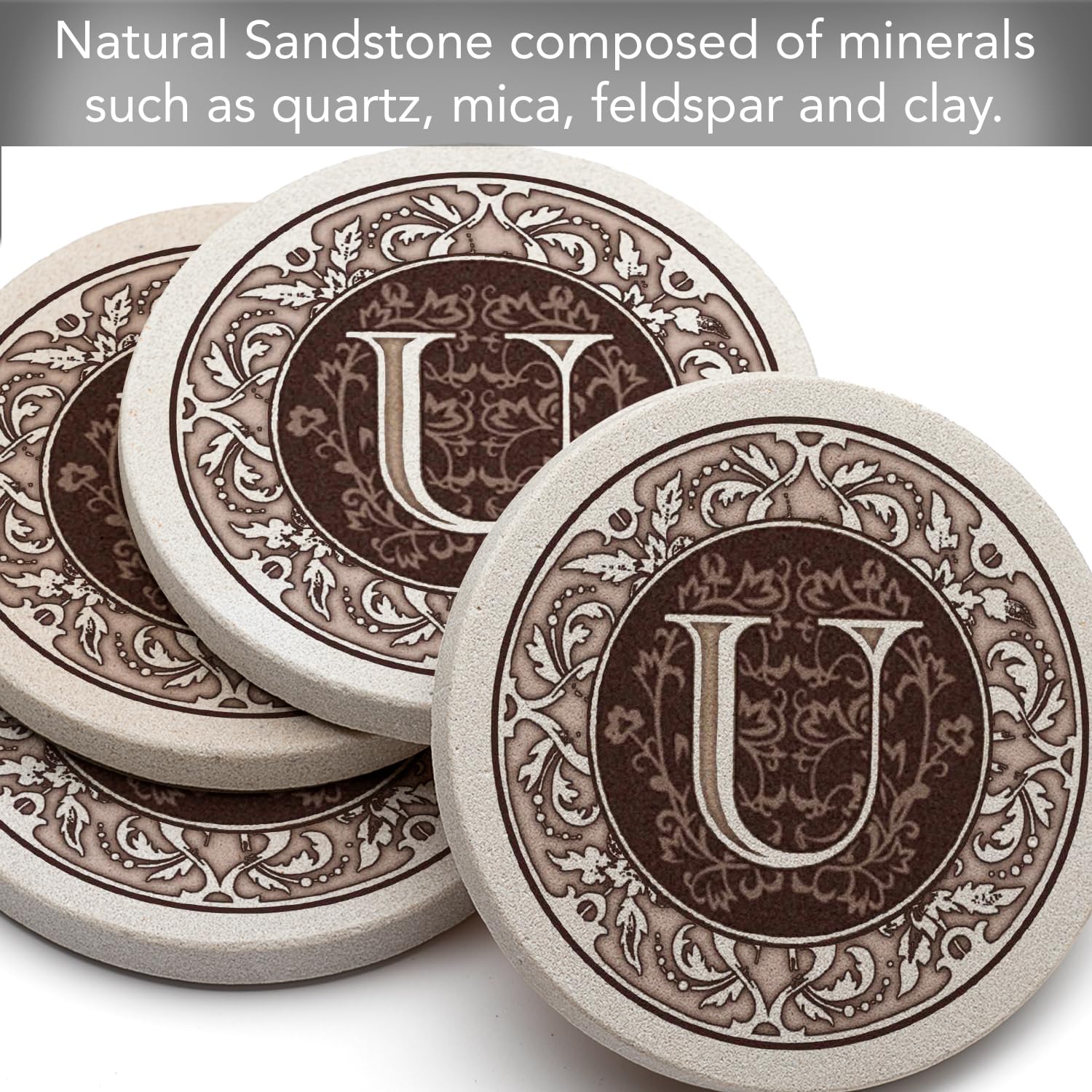 Thirstystone Monogram Letter U Absorbent Sandstone Coaster Set of 4 | Made in USA | Decorative Drink Coasters for Home & Office | Absorbs Condensation, Easy to Clean | Perfect for Coffee, Wine & Beverage Protection