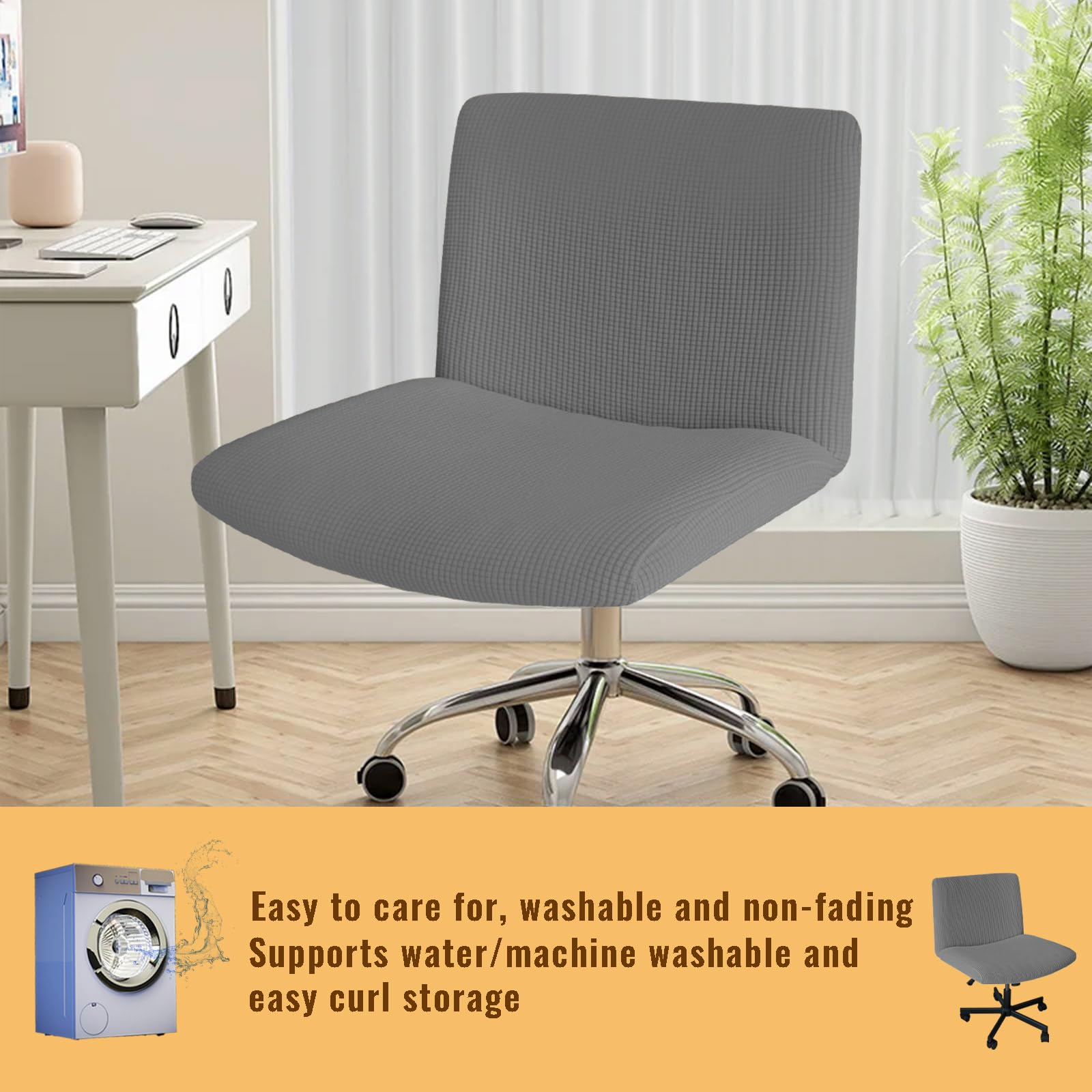 Armless Office Chair Cover - Stretch Knitted Jacquard Slipcover Protector for Wide Seat Chairs, Computer Desk & Vanity Accent Chairs (Grey) - Perfect for Home Office, Study Room & Workspace Decor