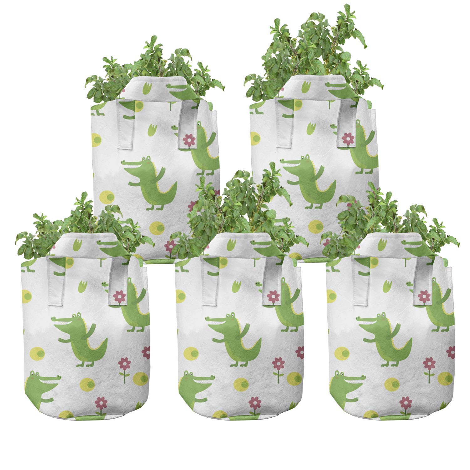 Lunarable Alligator Grow Bags 5-Pack - Heavy Duty Fabric Plant Pots with Handles, Cheerful Animal & Flower Print in Lime Green, Yellow & Pink - Perfect for Indoor/Outdoor Gardening, Container Plants & Vertical Farming