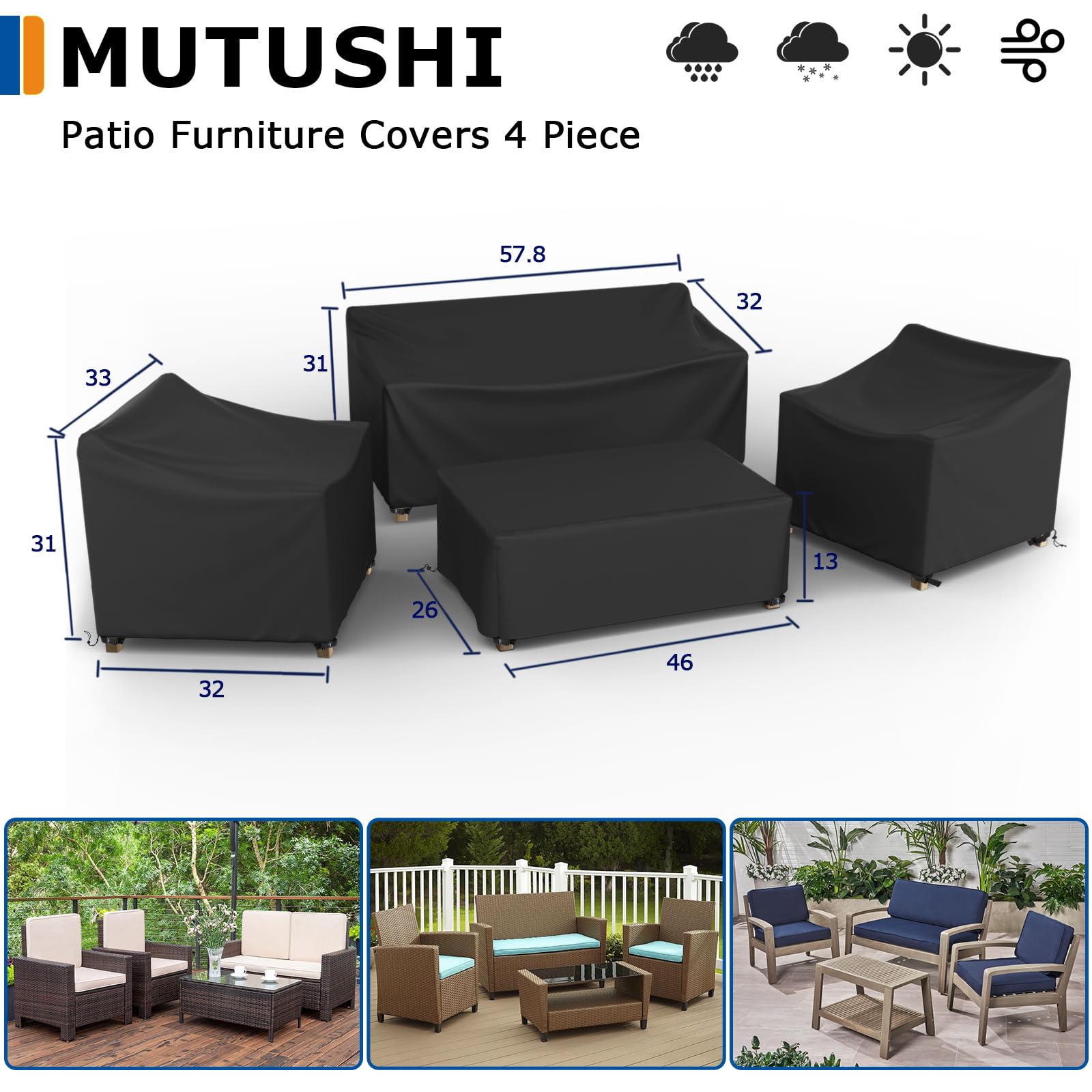 **600D Heavy Duty Waterproof Patio Furniture Cover Set - 4 Piece Outdoor Sectional Table & Chair Protection, Black (Large) - Perfect for Lawn, Garden & Backyard Use**