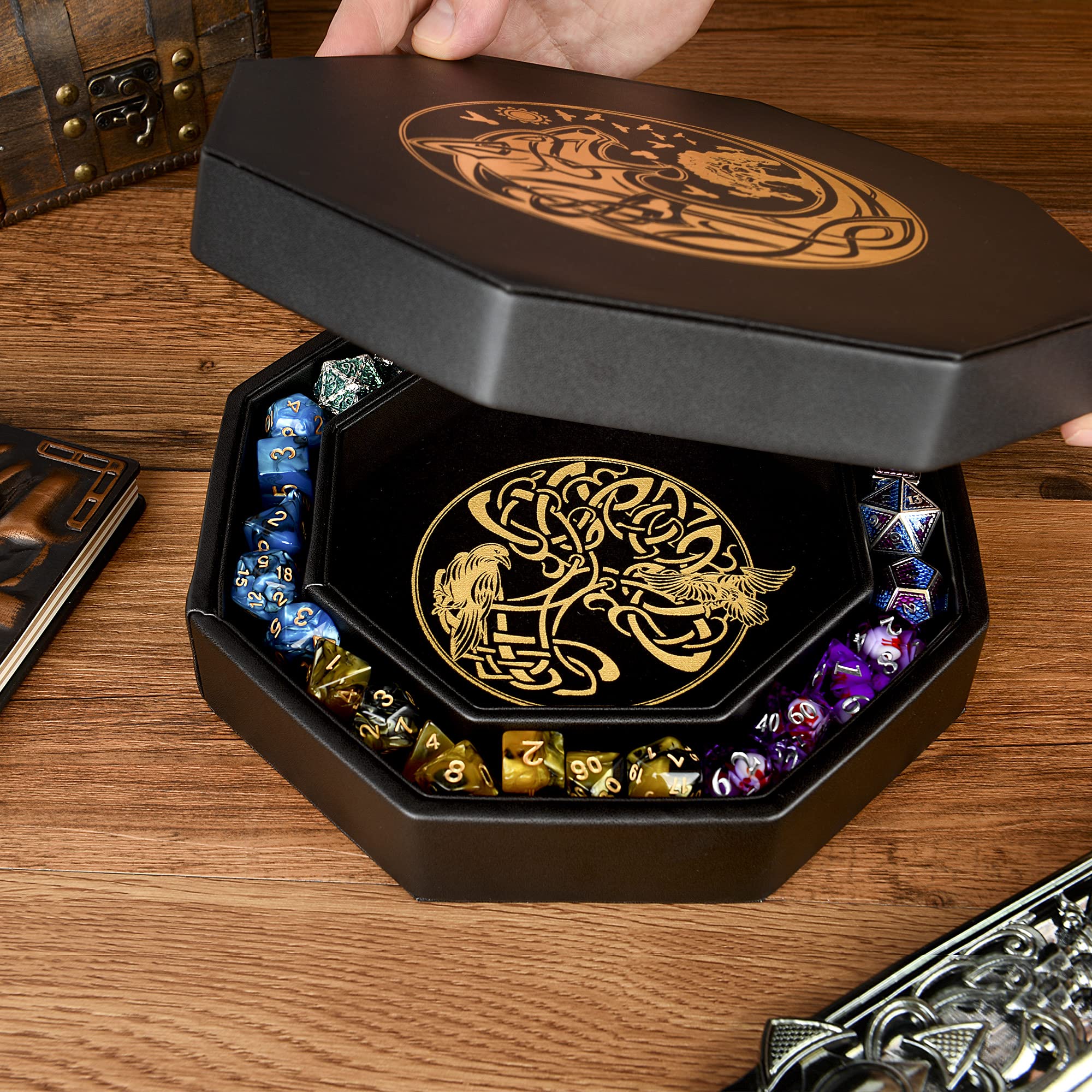 Premium 8 Inch DND Dice Tray for Dungeons & Dragons - Exquisite Gold World Tree & Wolf Raven Design - Perfect for Dice Rolling & Storage - Ideal for D&D, RPG Games & Tabletop Adventures