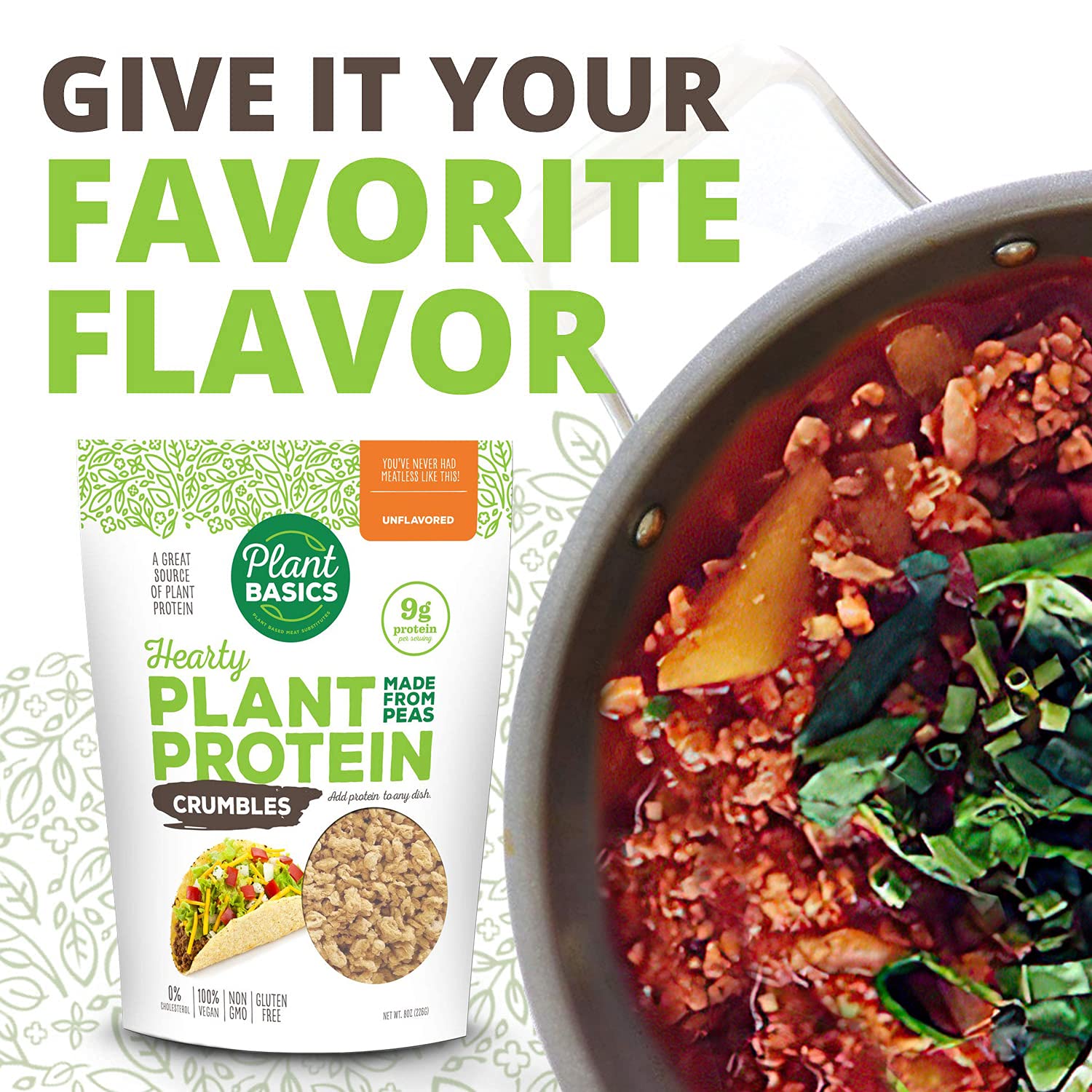 Hearty Plant Protein Crumbles - Unflavored, 8 oz (Pack of 6) | Pea-Based, Non-GMO, Gluten-Free, Low Fat & Sodium | Vegan Meat Substitute for Burgers, Tacos & Pasta Dishes
