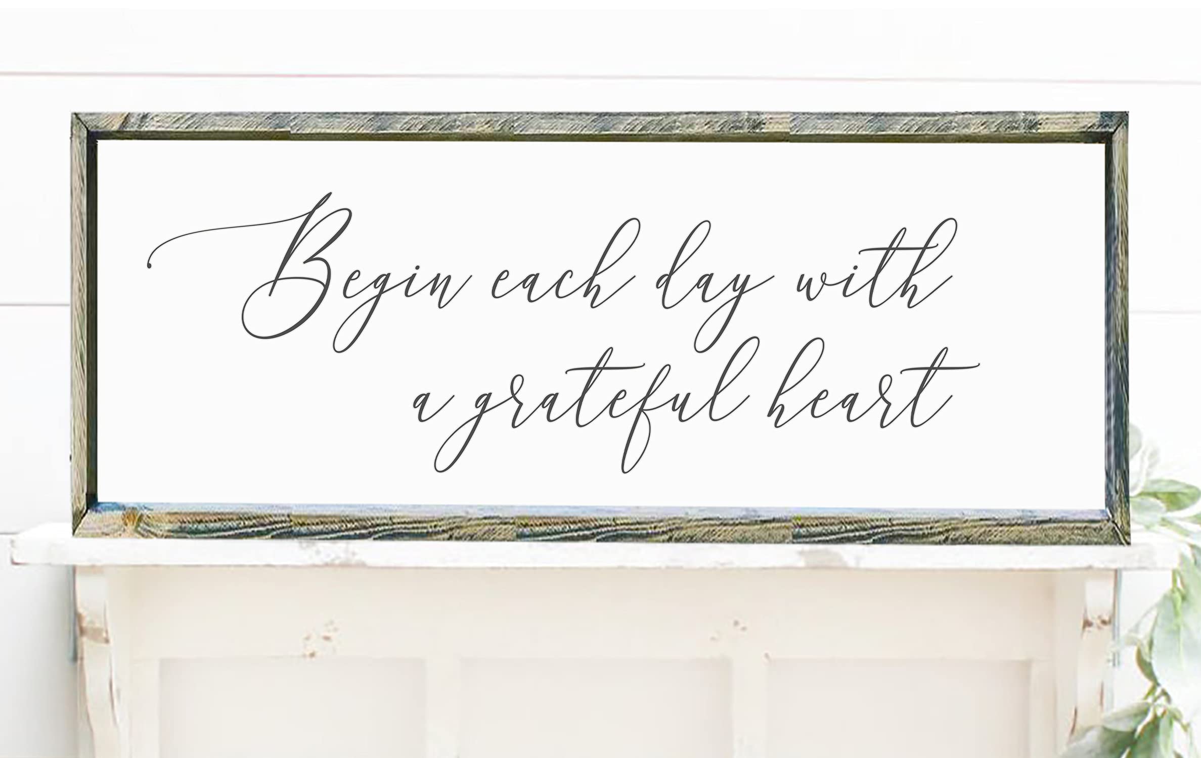 Farmhouse Sign 'Begin Each Day With A Grateful Heart' - Bible Christian Wall Art, Wood Framed Farmhouse Decor, Distressed Southern Charm Home Sign (14