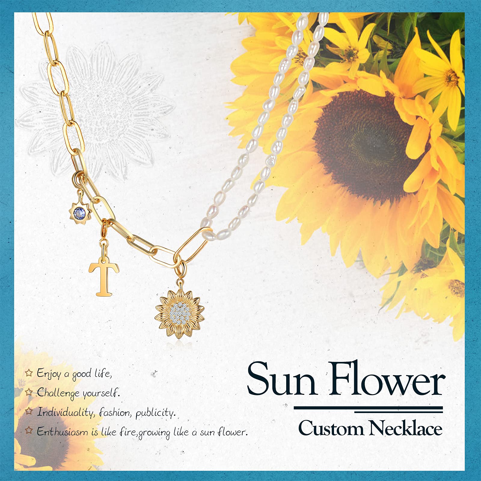 Personalized Sunflower Initial Letter Necklace for Women - Gold Birthstone Paperclip Necklace 