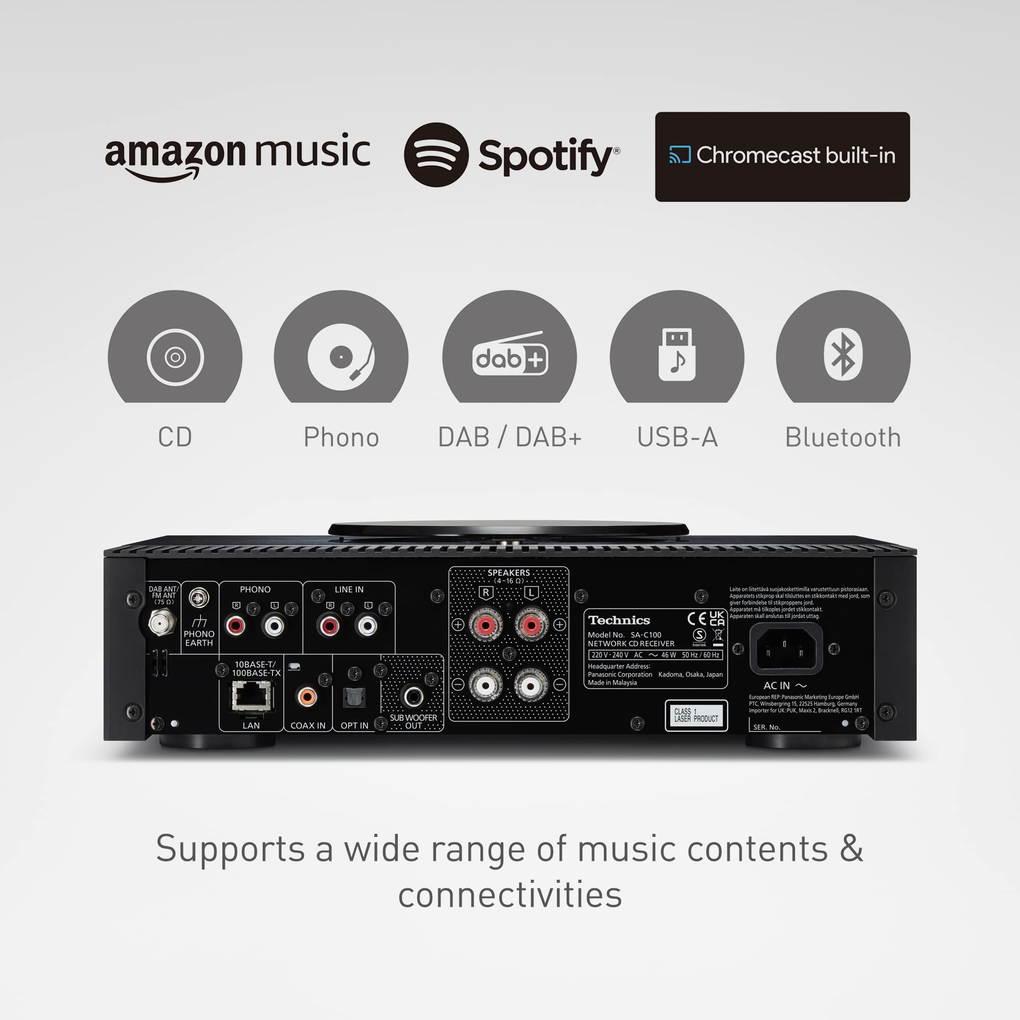 Technics SA-C100EG-K Network CD Receiver with Built-in CD Player, DAB+ Radio, USB, Bluetooth, Chromecast & AirPlay 2 - Hi-Fi Audio System with Wi-Fi, Phono MM Input (Black) for Home Theater & Music Listening