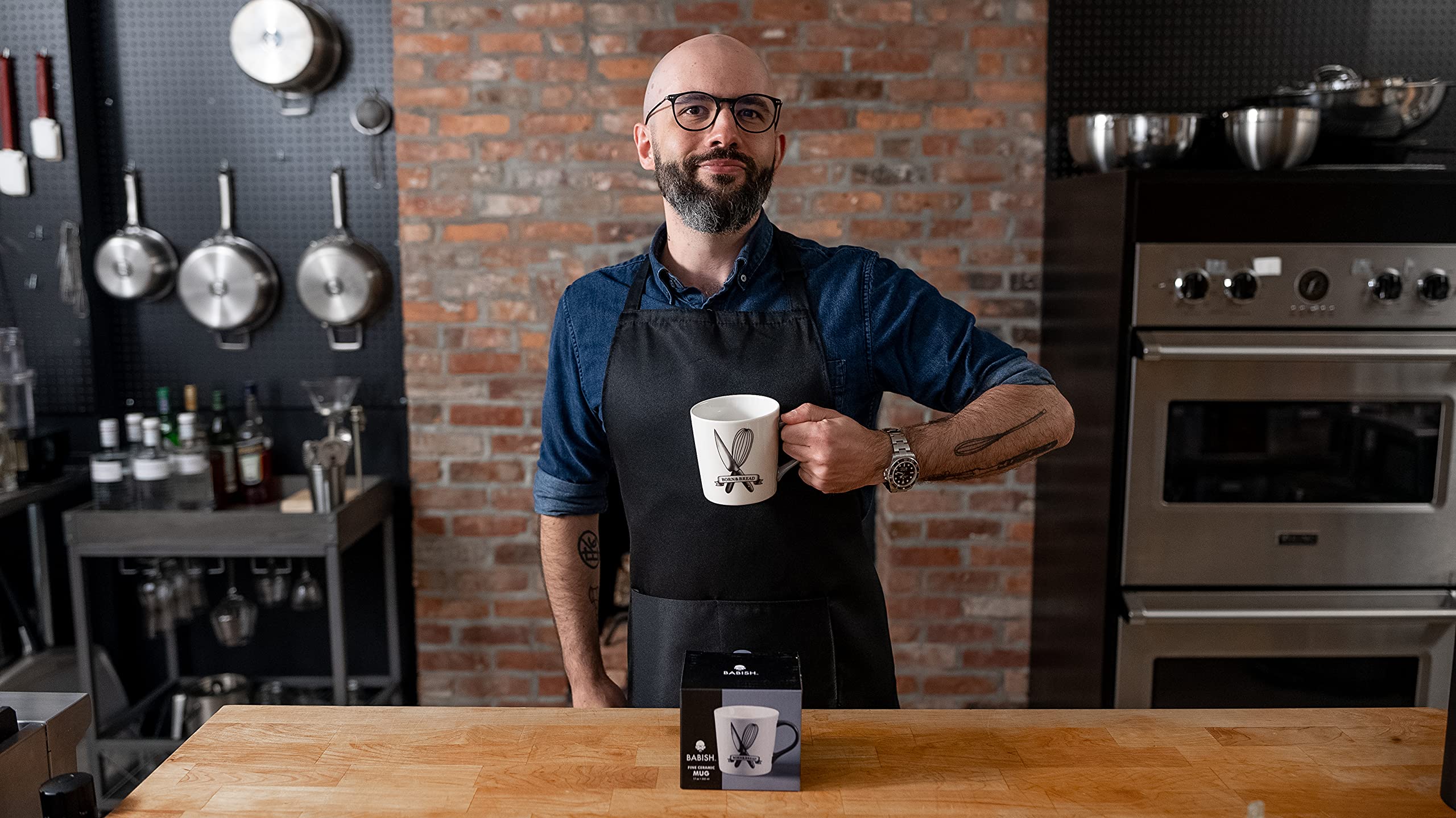 Babish Born and Bread Latte Tattoo Mug - 17oz Ceramic Coffee Cup with Unique Design, Perfect for Home, Office & Gifts for Coffee Lovers