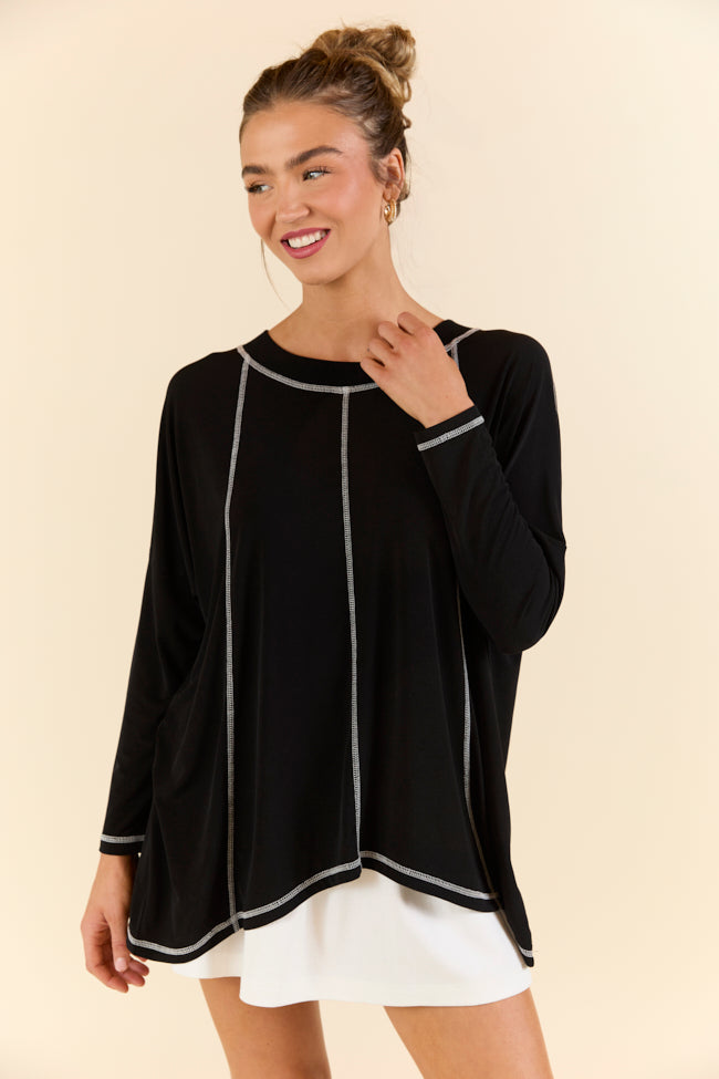 Play On Black Long Sleeve Split Back Top - Women's Fashion T-Shirt for Casual Wear, Night Out & Street Style