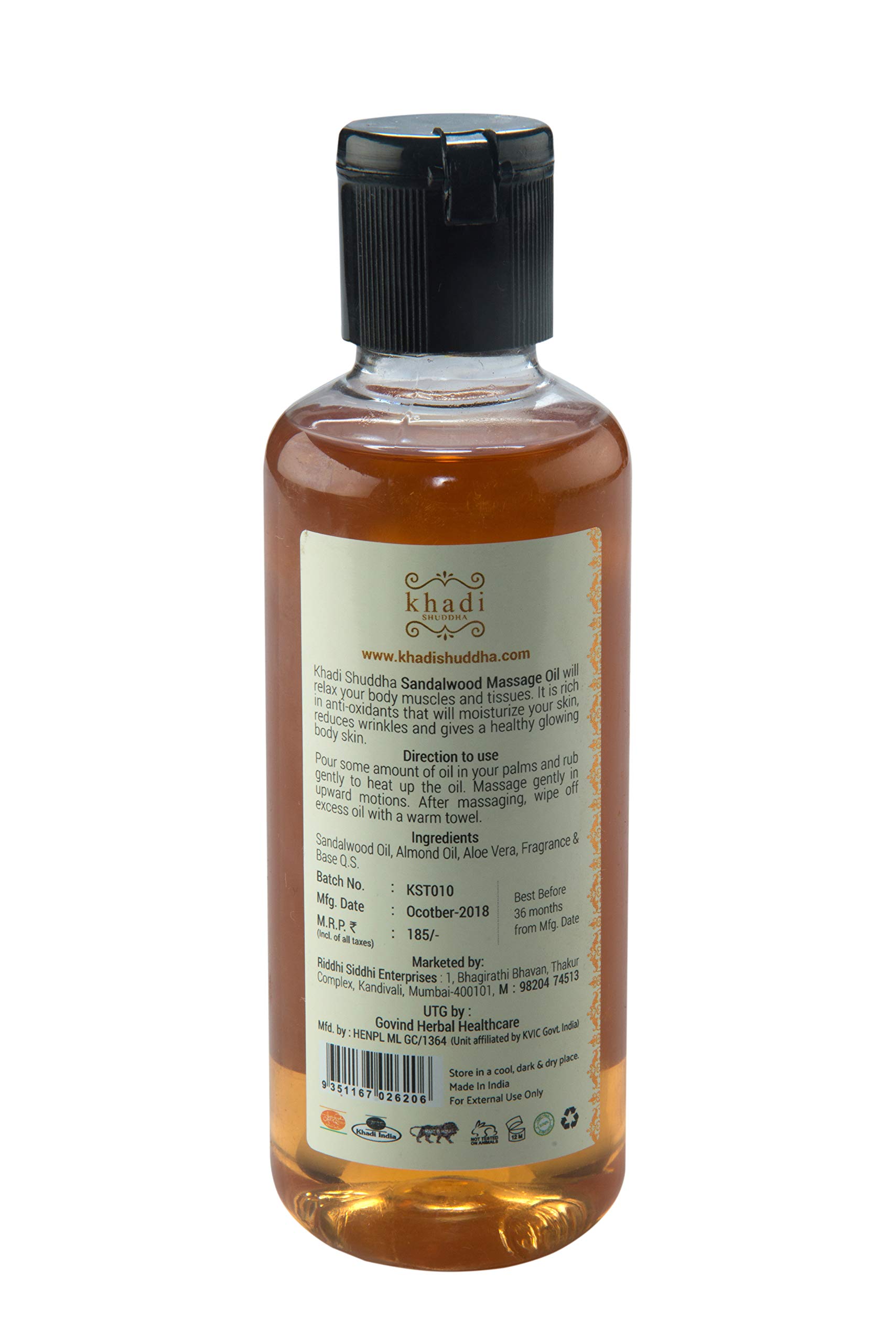 Khadi Suddha Pure Sandalwood Massage Oil 210ml - Natural Muscle Relaxation & Pain Relief Oil for Aromatherapy, Spa & Yoga Sessions