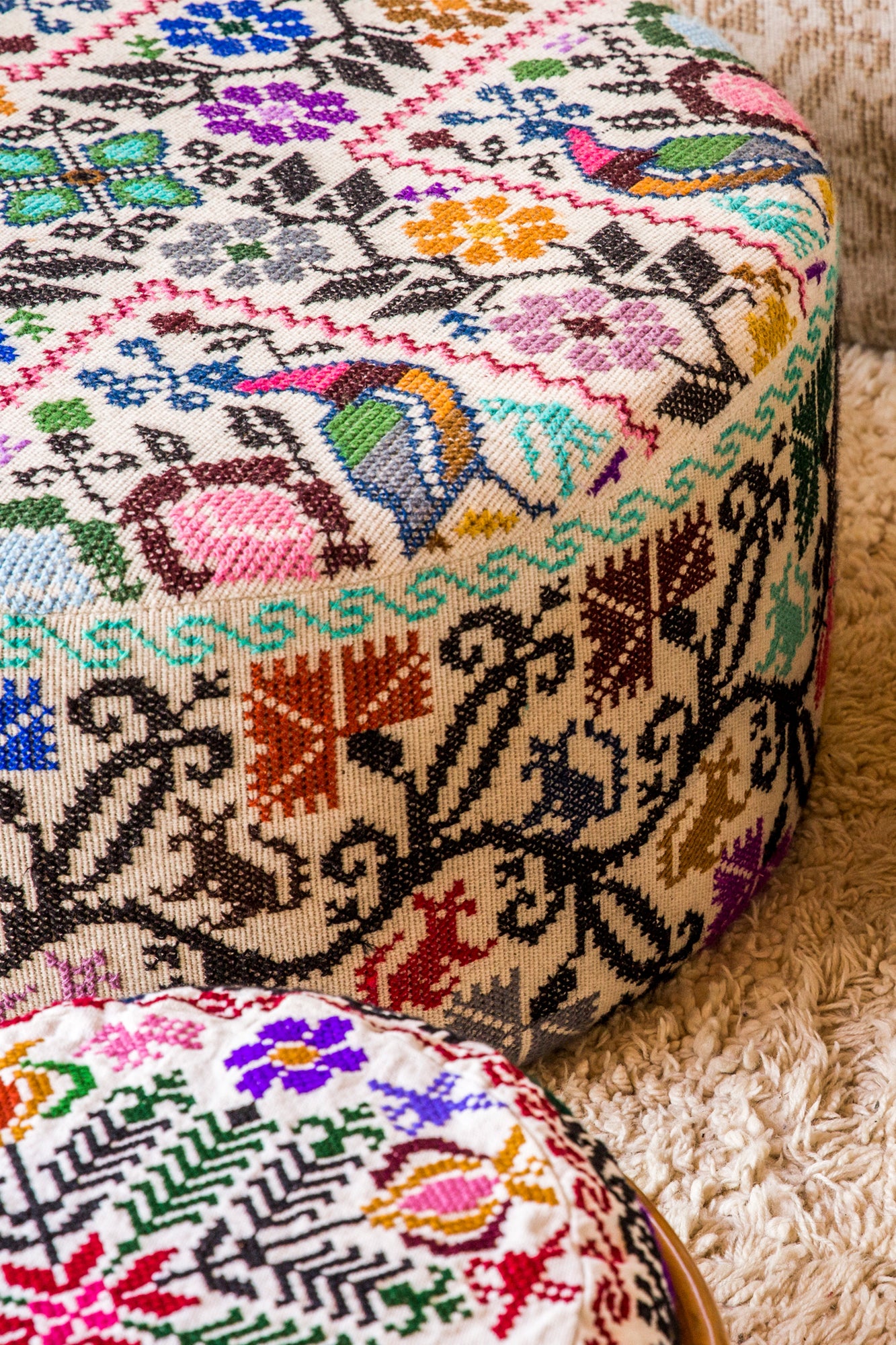 Small Embroidered Multi Ottoman - Elegant Footstool with Intricate Embroidery for Living Room, Bedroom & Nursery Decor