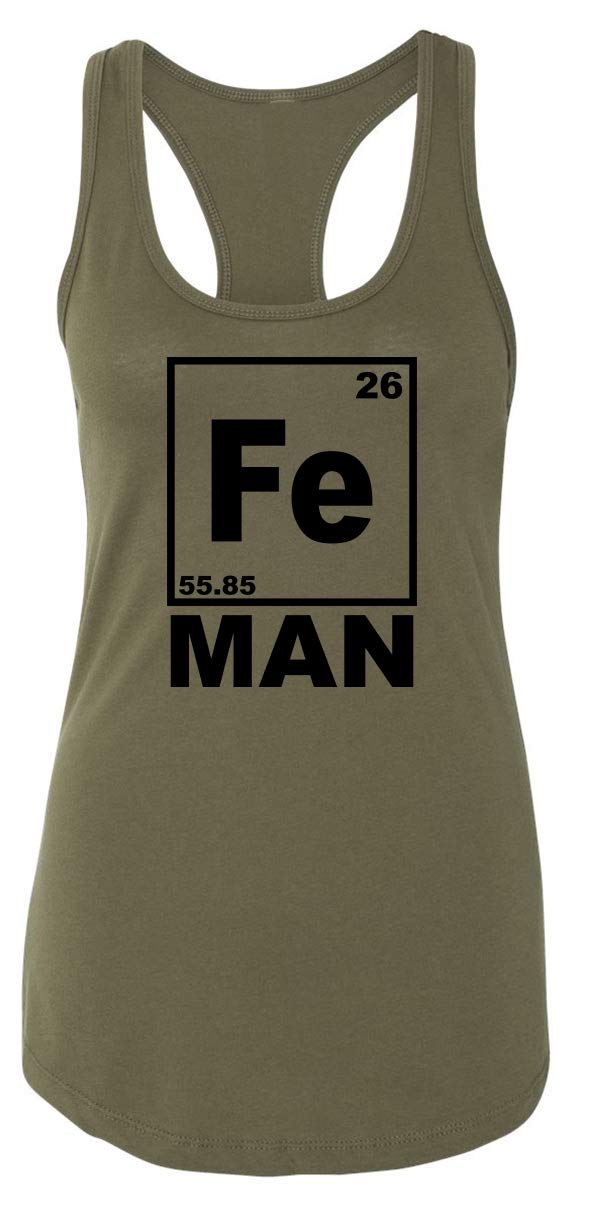 Funny Women's Iron Man Chemistry Periodic Table Racerback T-Shirt - Comical Science Geek Tee for Marvel Fans, Gifts & Casual Wear