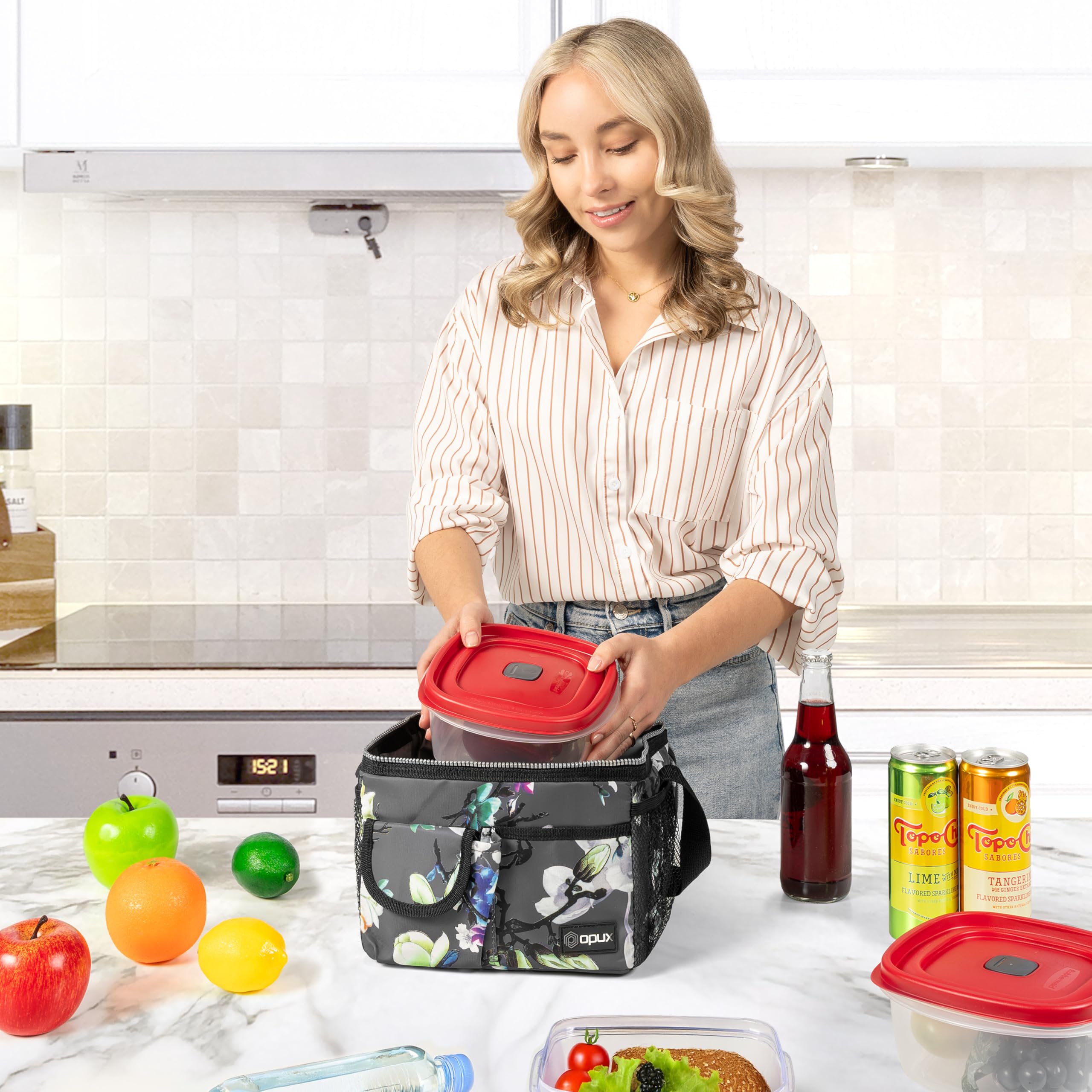 OPUX Insulated Lunch Bag for Men & Women - Leakproof Floral Grey Lunch Box for Work & School - Portable Soft Cooler Bag with Adjustable Shoulder Strap - Perfect for Adults & Kids (14 Can/8L Capacity) - Ideal for Office, Picnics, Hiking & Daily Commute