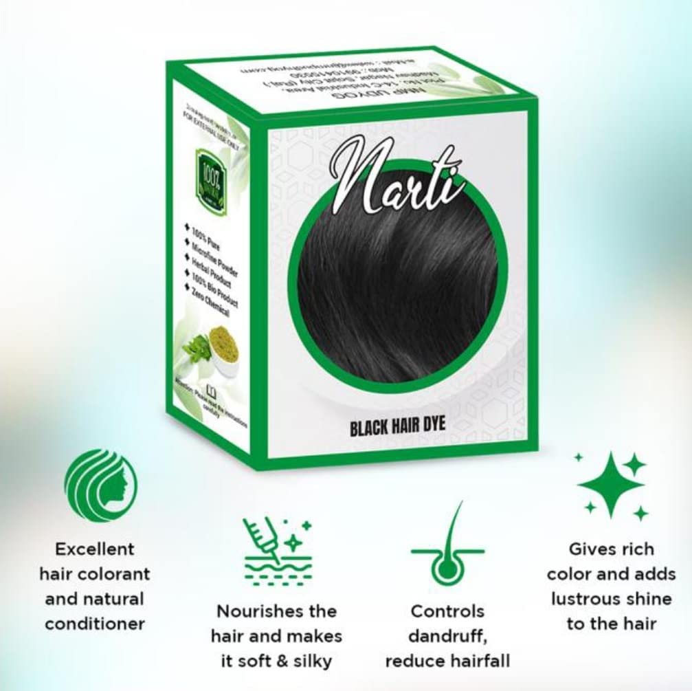Narti Black Henna Hair Color Powder - Ammonia-Free, Lasts Up to 60 Days | Natural Grey Hair Coverage | Softens & Conditions Hair | Permanent Hair Dye for Women & Men | 60g Pack | Perfect for Home Hair Coloring & DIY Beauty Treatments