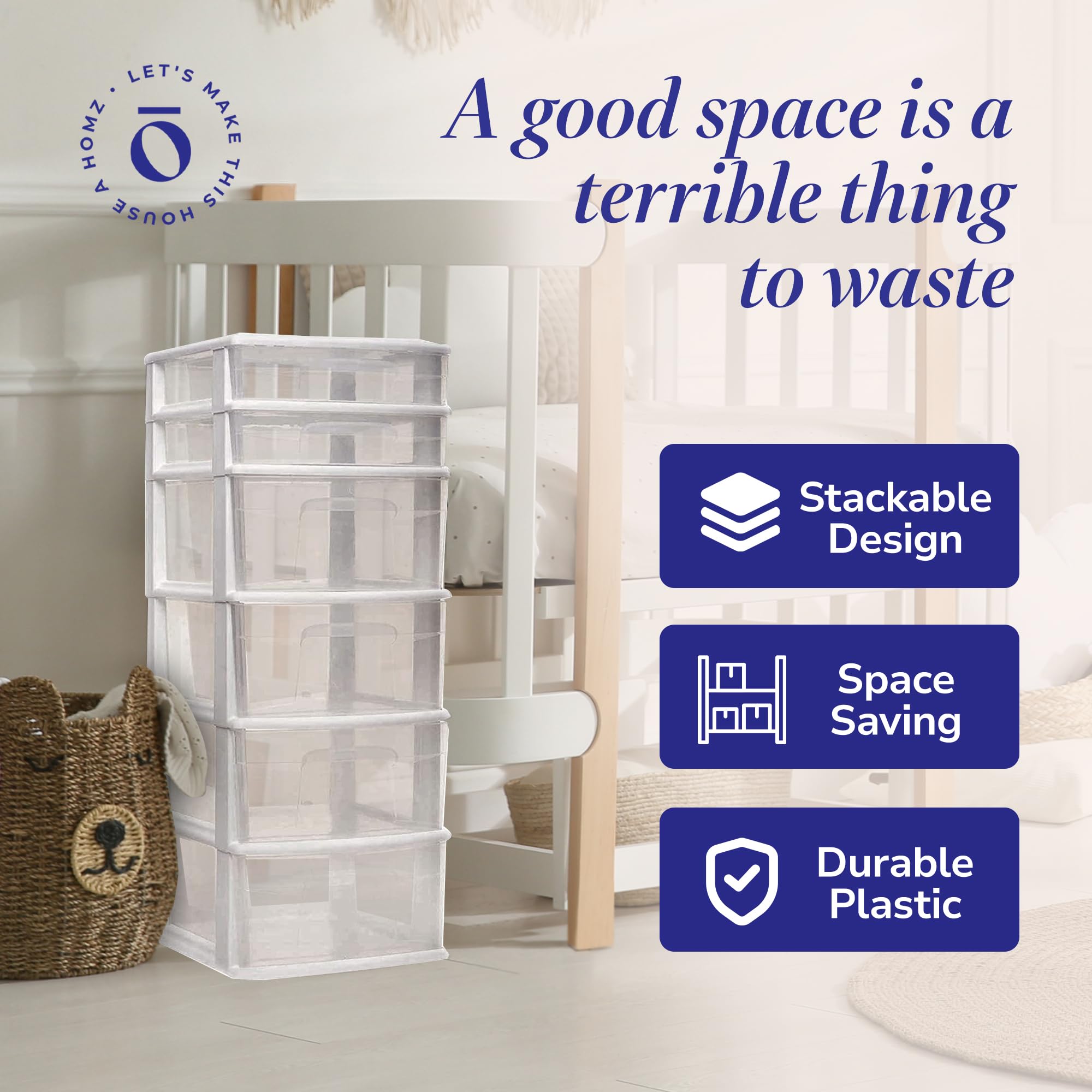 HOMZ 2-Pack 6-Tier Clear Plastic Storage Drawer Tower Organizer with White Frame - Perfect for Bedroom Closet, Bathroom, Office & Craft Room Organization