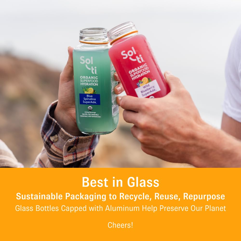Organic SuperAde Hydration Drink with Cold-Pressed Blue Spirulina & Lemon Juice - Boosts Memory & Energy | SuperFood Lemonade by Sol-ti | 16 Pack (14.9 Fl Oz) | Perfect for Workouts, Yoga & Post-Workout Recovery
