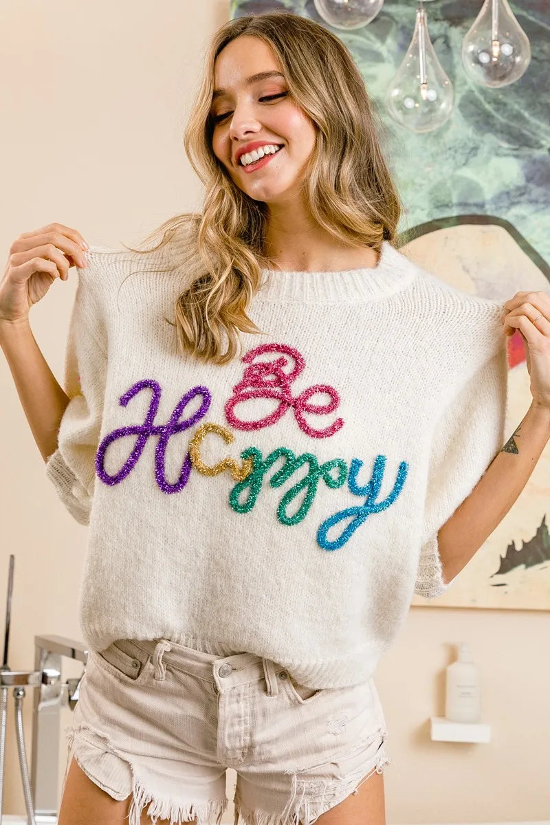 BiBi Metallic Letter Short Puff Sleeve Fuzzy Sweater | Women's Fashion Knitwear for Casual Outings & Holiday Parties