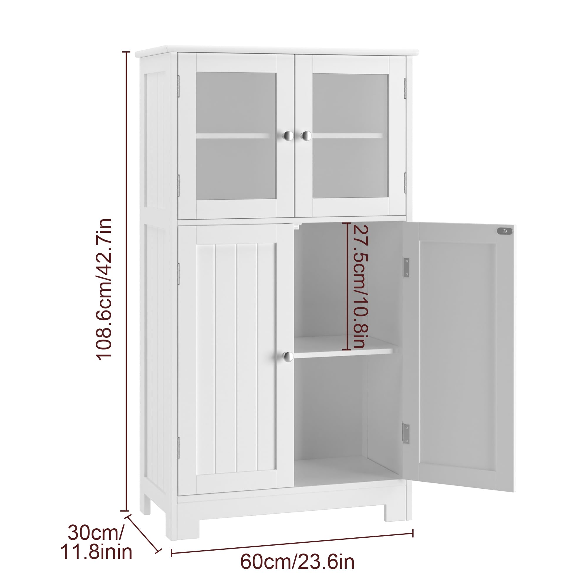 White Freestanding Bathroom Storage Cabinet with Adjustable Shelves & Glass Doors - Modern Floor Cabinet for Bathroom, Living Room & Home Office Organization