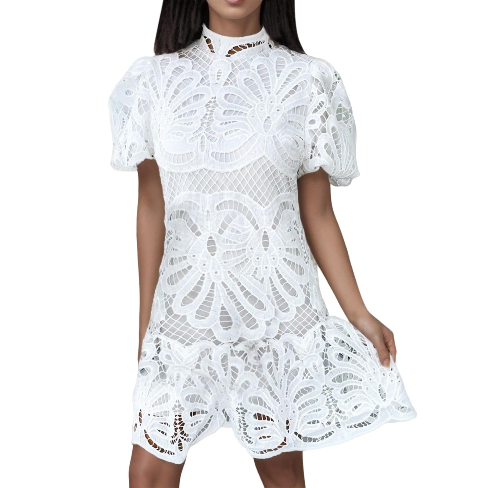 Elegant White Summer Dress for Women - Sexy Hollow Out Lace Short Sleeve Dress with Puff Sleeves & Zipper Back | Beach Vacation, Date Night, Summer Party | Perfect for Tropical Getaways, Seaside Strolls, Garden Parties | Ideal for Beach Weddings, Poolside Lounging, Romantic Dinners | Instagram Fashion, Resort Wear, Vacation Essentials | Great for Outdoor Picnics, Brunch Dates, and Summer Travel