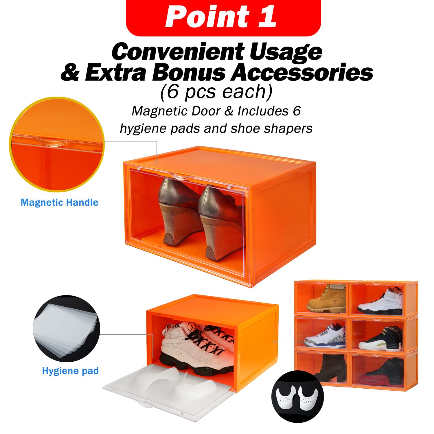 Letusto Premium Clear Plastic Shoe Storage Boxes - 6 Pack Stackable Sneaker Display Cases with Lids, Hygiene Pads & Shoe Shapers (Orange) | Perfect for Sneaker Collection, Closet Organization & Shoe Protection