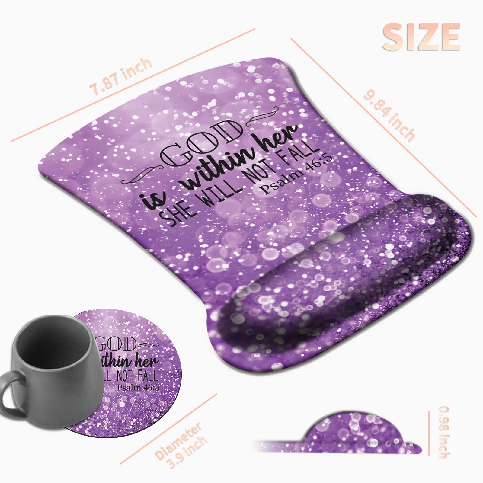 Ergonomic Mouse Pad with Wrist Support - Comfortable Gel Mouse Pad with Wrist Rest for Pain Relief, Non-Slip Rubber Base for Office & Home Use - Includes Free Cup Coaster (Purple, Psalm 46-5) - Perfect for Long Work Hours, Gaming, and Computer Use