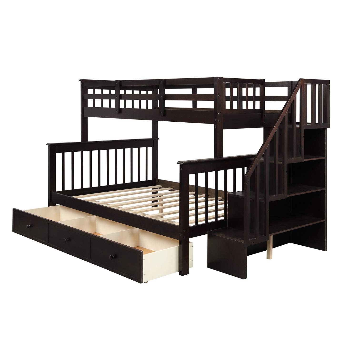 SOFTSEA Twin Over Full Bunk Bed with Stairs for Kids & Teens - Sturdy Wooden Bunk Bed with Storage Drawers, Full-Length Safety Rail - No Box Spring Required (Espresso Finish) - Perfect for Small Bedrooms, Shared Kids' Rooms & Vacation Homes