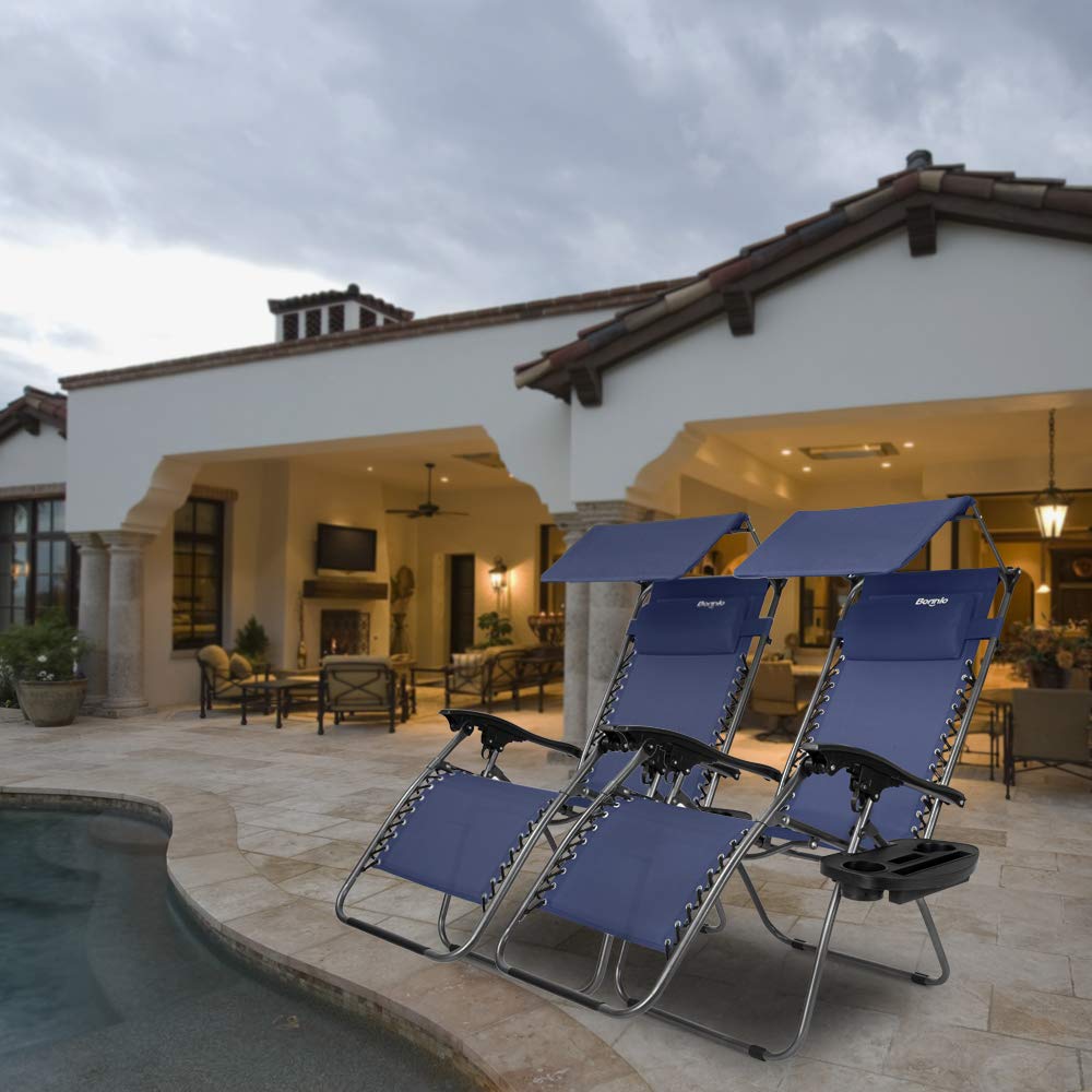 **Bonnlo Zero Gravity Lounge Chair with Adjustable Canopy - Portable Folding Recliner with Cup Holder & Headrest - Perfect for Beach, Pool, Patio, Garden (Blue, 2-Pack)**