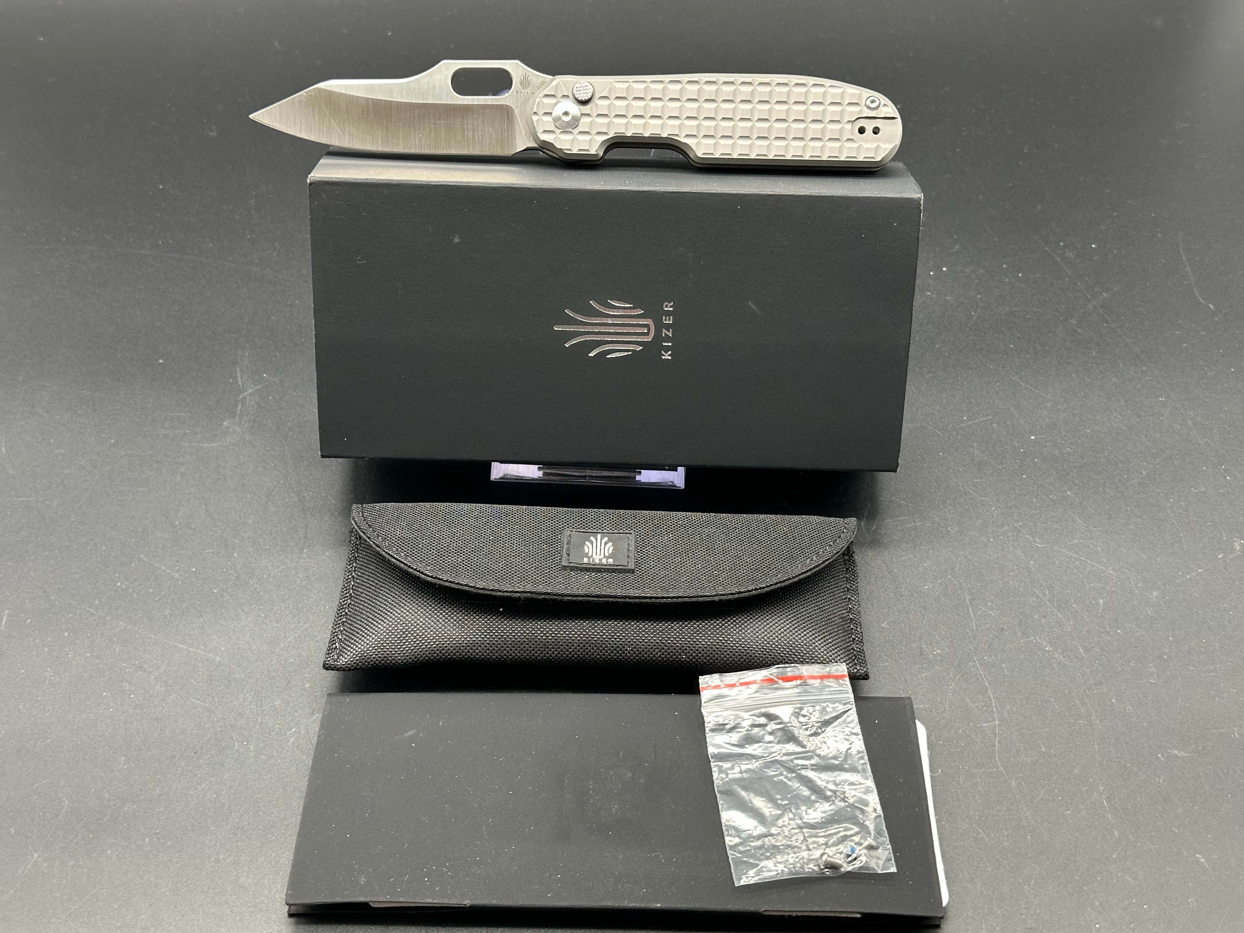 KIZER CORMORANT Folding Pocket Knife - Gray Titanium Handle, 20CV Plain Edge Blade - EDC, Outdoor, Camping & Survival Knife