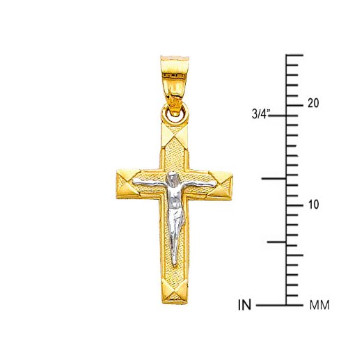 14K Two Tone Gold Jesus Cross Religious Charm Pendant with 0.8mm Box Link Chain Necklace - Perfect for Baptism, First Communion, Confirmation & Everyday Faith Jewelry