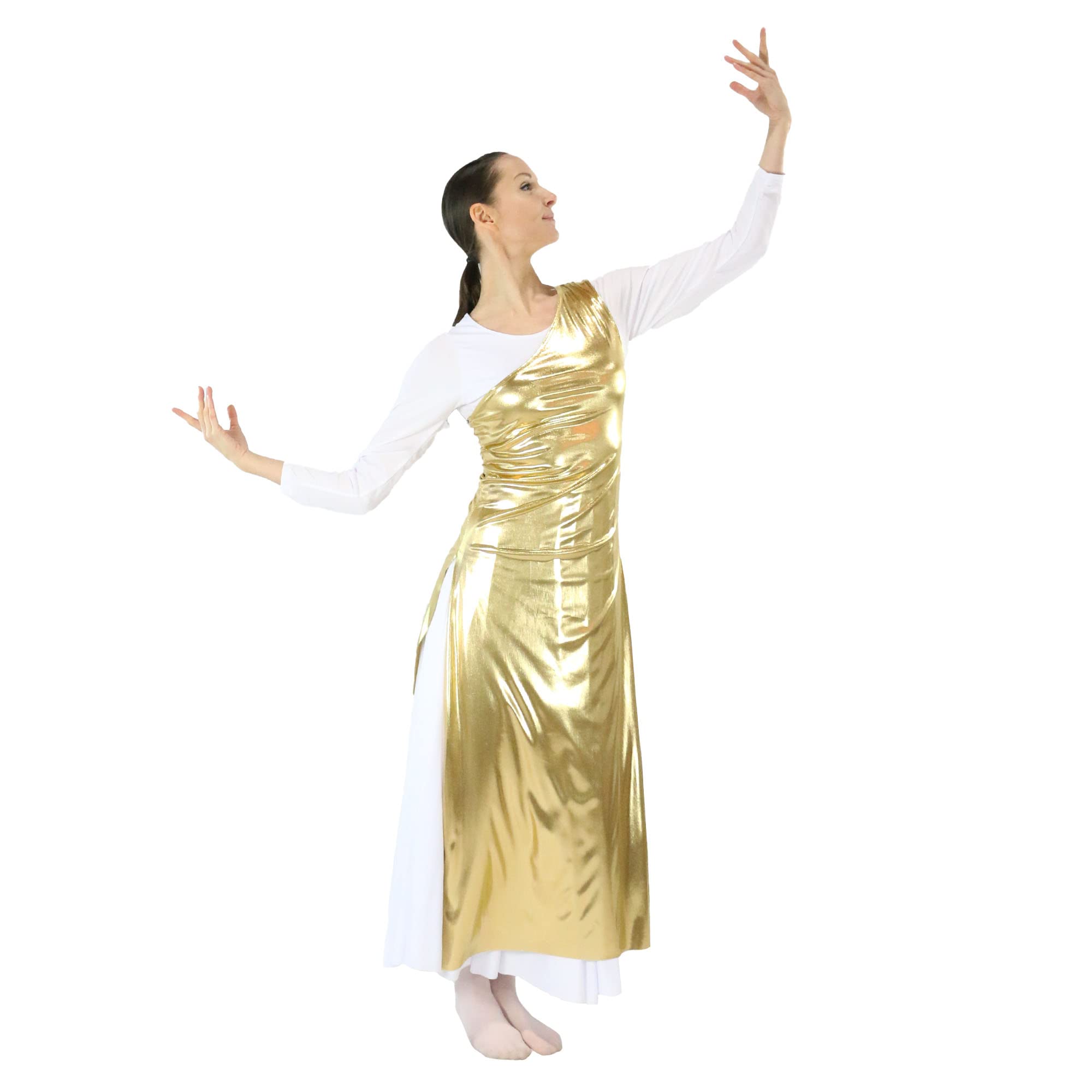 Danzcue Women's Metallic Worship Dance Tunic with Side Slits - Flowy Church Dance Top for Contemporary Worship & Ballet Performance (White Dress Not Included)