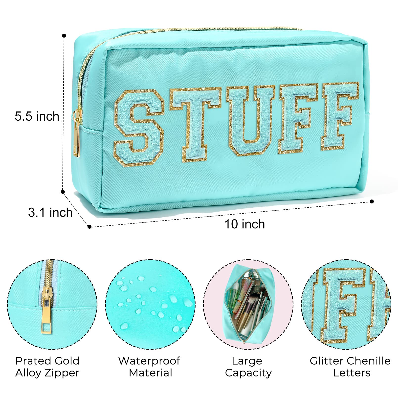 4Pcs Nylon Preppy Makeup Bags with Chenille Letters - Waterproof Cosmetic Pouch & Toiletry Organizer for Travel, Gym, School | SKIN STUFF HAIR FACE | Perfect for Women's Beauty Essentials & Travel Accessories Storage