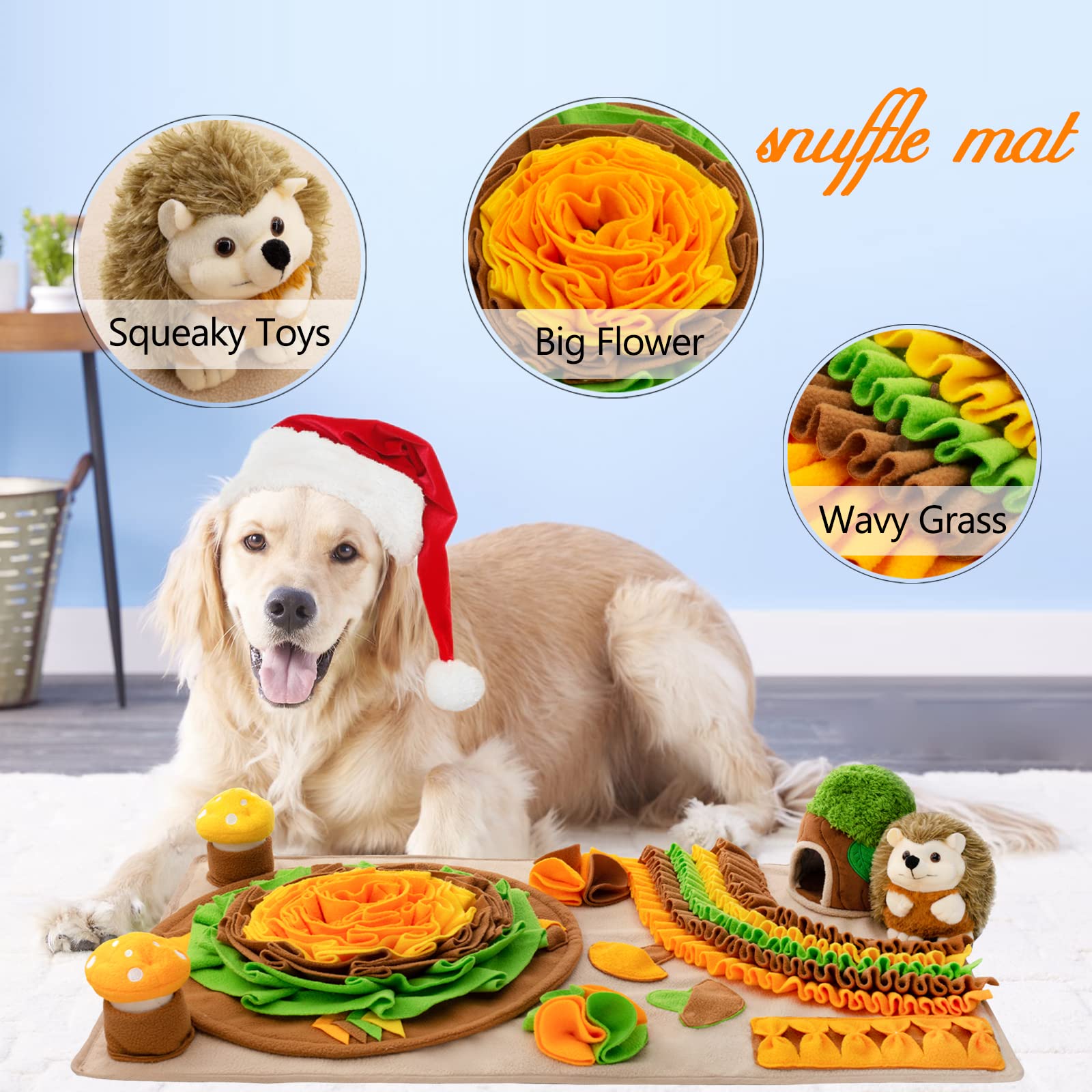 Dog Snuffle Mat with Squeaky Mushrooms - Puzzle Toy for Foraging & Stress Relief - Indoor/Outdoor Pet Enrichment