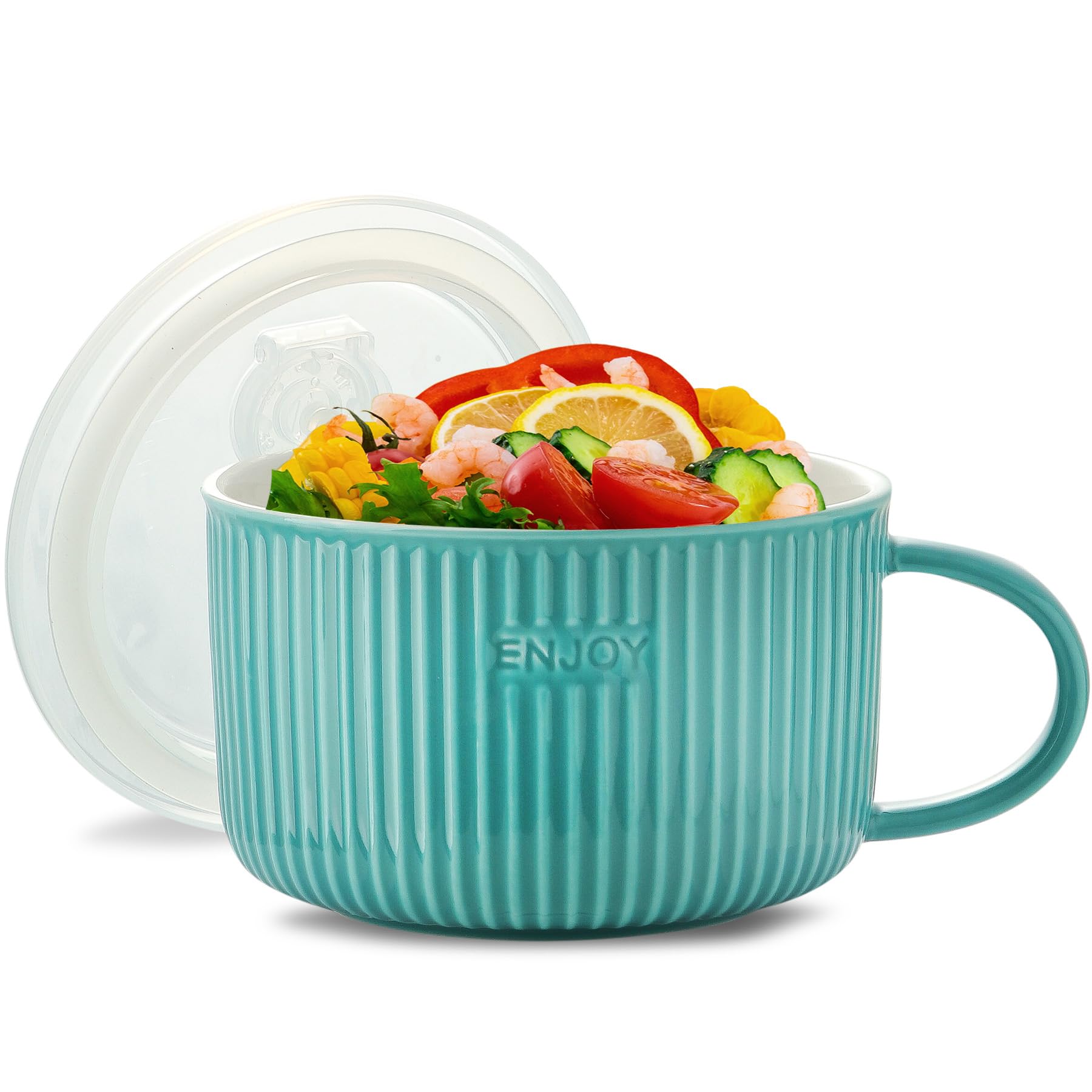 Ceramic Soup Bowl with Lid - Large Microwave Safe Soup Mug with Handle & Airtight Cover - Perfect for Cereal, Salad, Ramen, Instant Noodles - Ideal for Home, Office & Dorm Use (Turquoise)