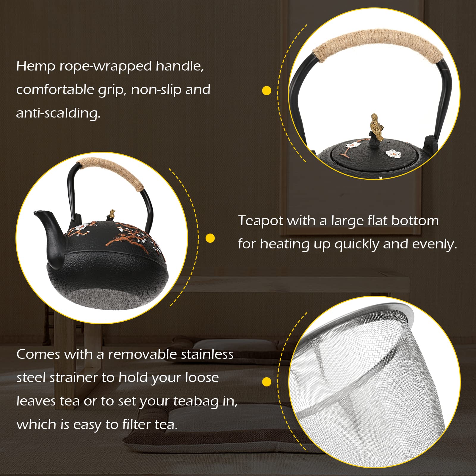Premium Japanese Cast Iron Teapot Set with Infuser - 1200ml/40.6oz Traditional Tetsubin Tea Kettle & 4 Matching Cups - Authentic Japanese Style for Green Tea, Herbal Tea & Matcha - Perfect for Home, Office & Tea Ceremonies