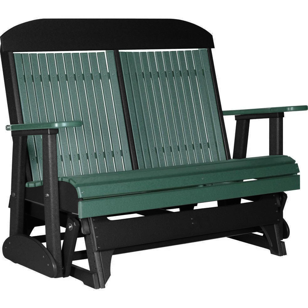 LuxCraft 4 ft. Green Recycled Plastic Highback Outdoor Glider Bench with Cup Holder - Perfect for Patio, Garden, and Backyard Relaxation