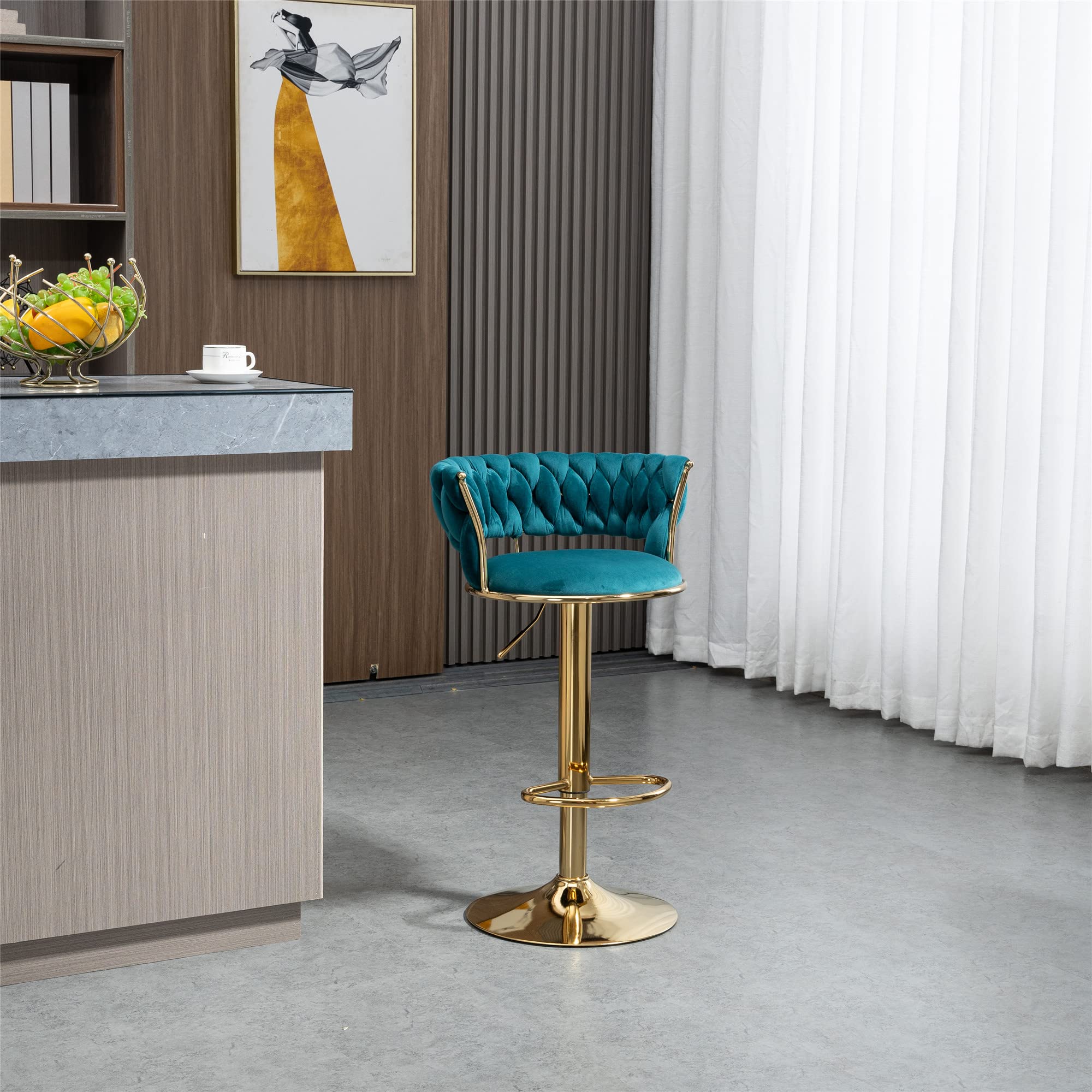 Modern Velvet Bar Stools with Gold Legs - Adjustable Counter Height Swivel Bar Chairs with Backrest & Footrest - 360° Rotation for Living Room, Home Bar, Kitchen, Office, Cafe & Pub - Soft Teal Velvet Upholstery for Comfortable Seating & Stylish Decor