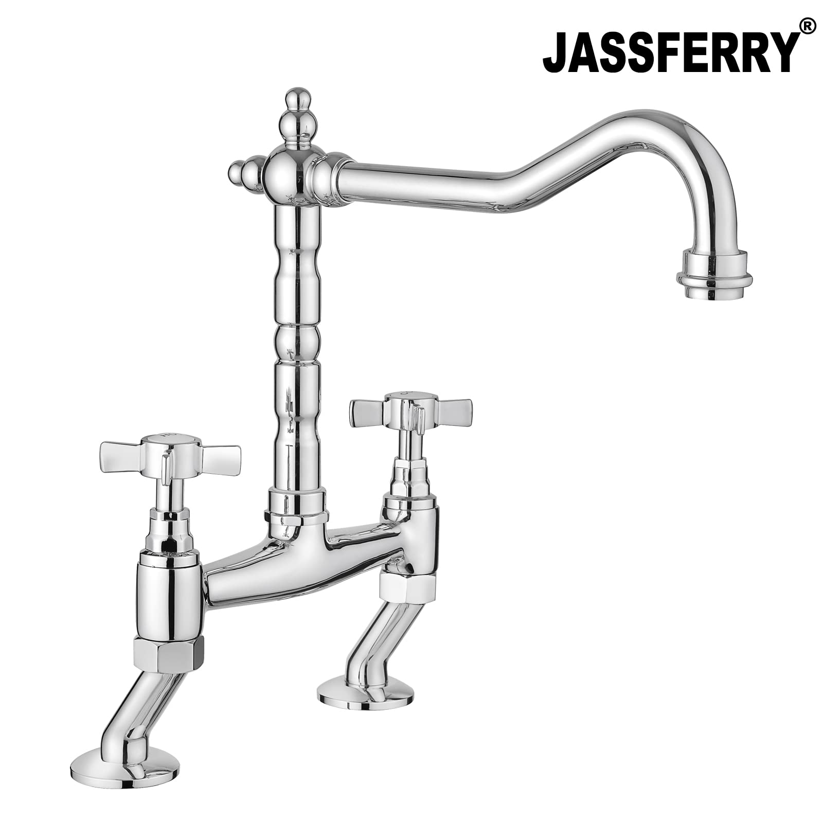 JASSFERRY Classic Deck Mixer Chrome Cross Handles Deck Mounted Monobloc Traditional 2-Hole Kitchen Sink Faucet with Swivel Spout - Perfect for Modern Farmhouse, RV & Apartment Kitchen Renovations