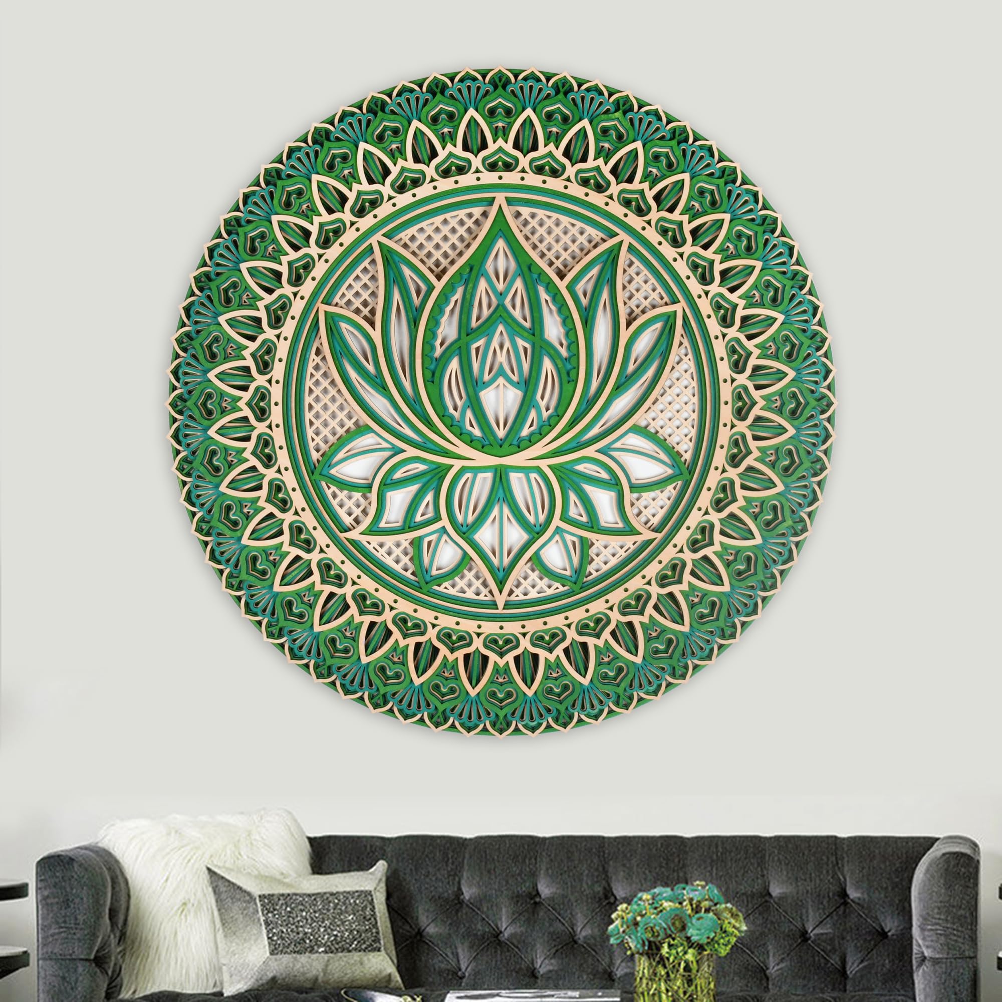3D Wooden Lotus Mandala Wall Art - 17.7x17.7 Inch Handcrafted Zen Meditation Decor for Living Room, Bedroom & Yoga Studio - Eco-Friendly Home Healing Hanging Decor (Green, 45x45cm)