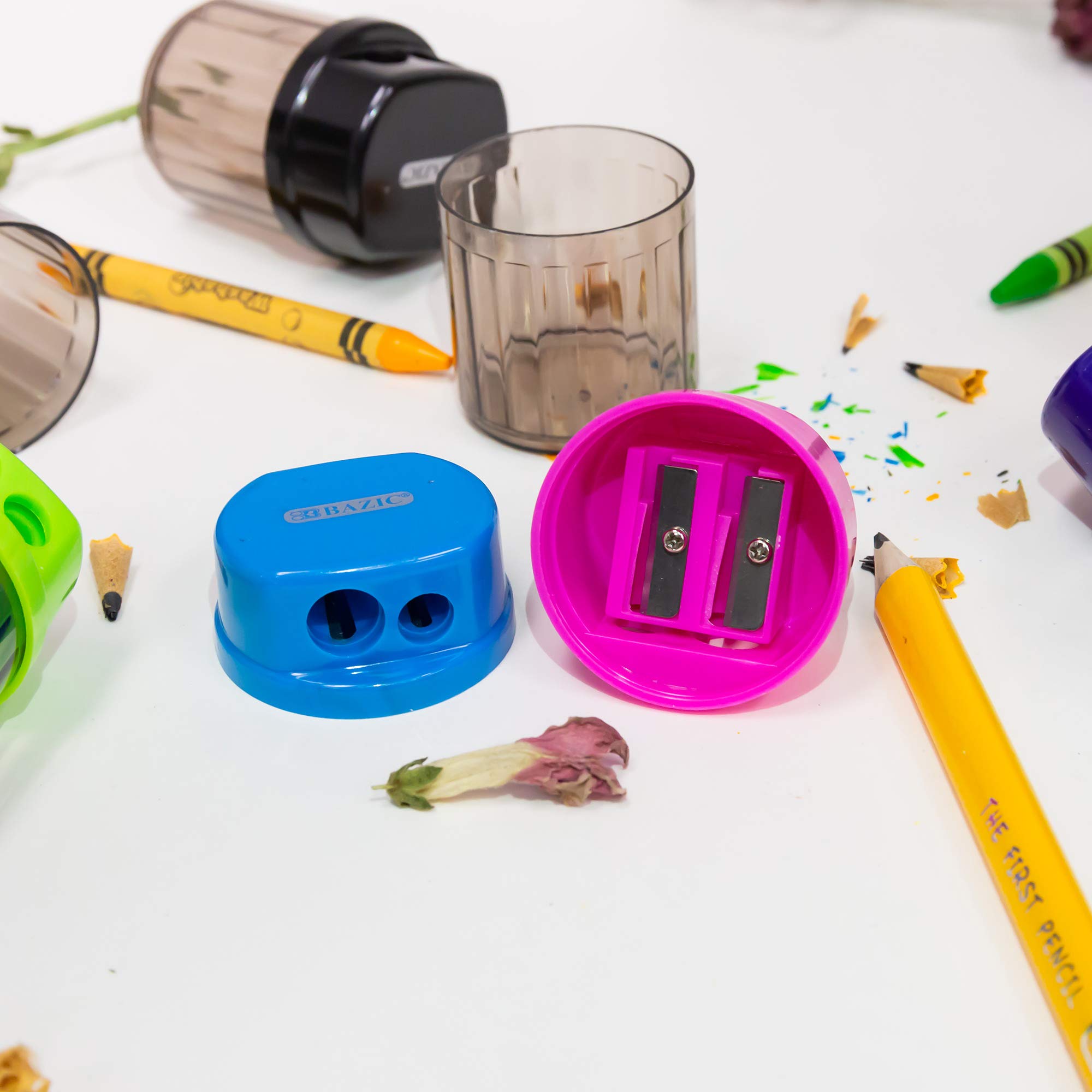 BAZIC Dual Blade Pencil Sharpener with Receptacle - Works with Standard & Jumbo Pencils, Crayons - 24-Pack for Office, School, Art Class & Home Use