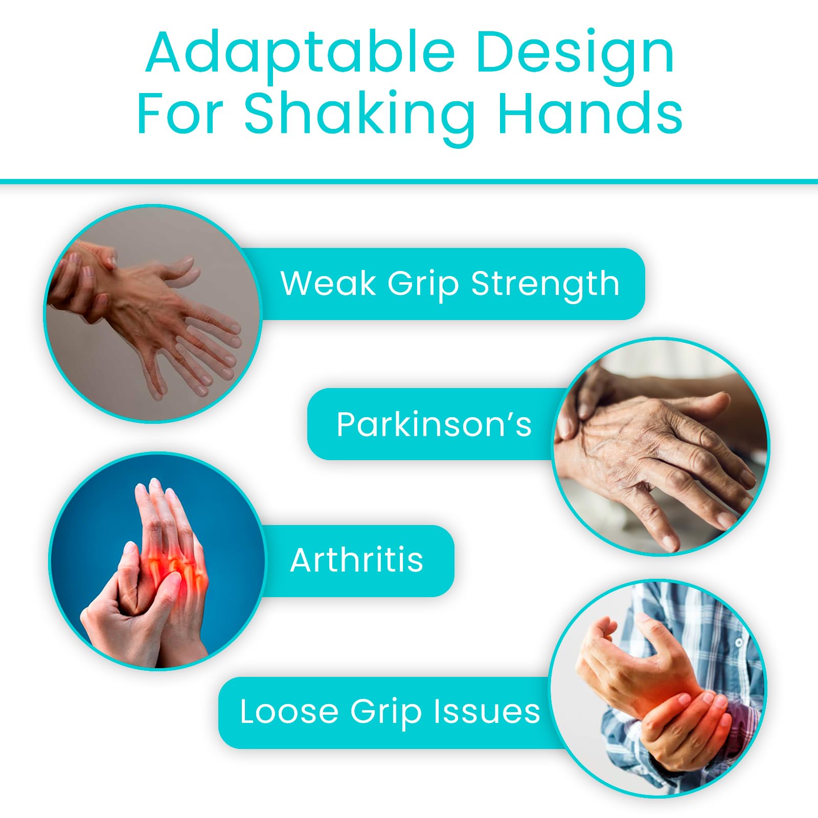 Vive Adaptive Utensil Set for Arthritis & Parkinson's - Easy Grip Stainless Steel Silverware for Hand Tremors & Shaking Hands - Heavy Duty Spoon, Fork & Knife for Seniors & Disabled - Perfect for Dining, Assisted Living & Home Care