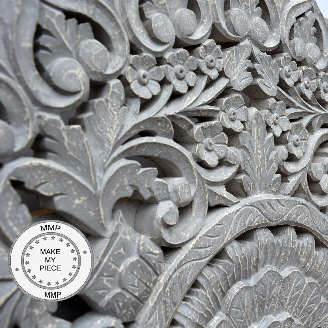 Hand Carved Indian Wooden Round Wall Decor Panel - Traditional Grey Wood Art for Home & Office Decoration | Perfect for Living Room, Bedroom, and Meditation Spaces