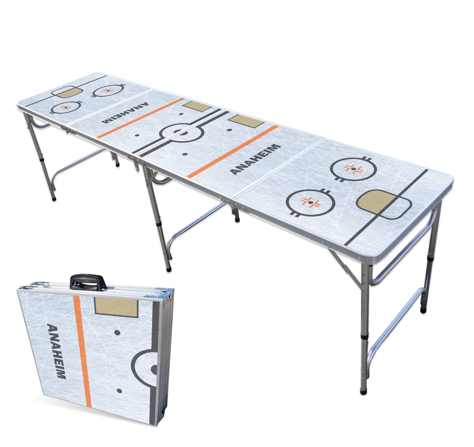 PARTYPONG 8-Foot Folding Portable Beer Pong Table with Optional Cup Holes & LED Lights - Anaheim Hockey Rink Design for Indoor/Outdoor Parties, Tailgates & Game Nights