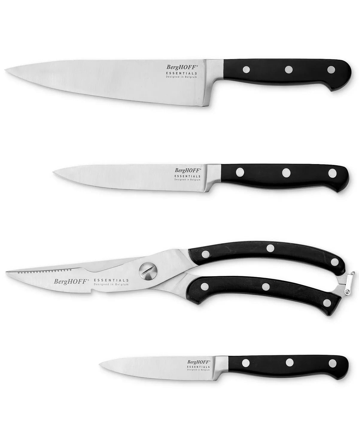 BergHOFF Essentials 4-Piece Triple Riveted Stainless Steel Cutlery Set - Peeling Knife, Utility Knife, Poultry Shears & Chef's Knife with Sharp Blades for Kitchen, Cooking & Food Prep