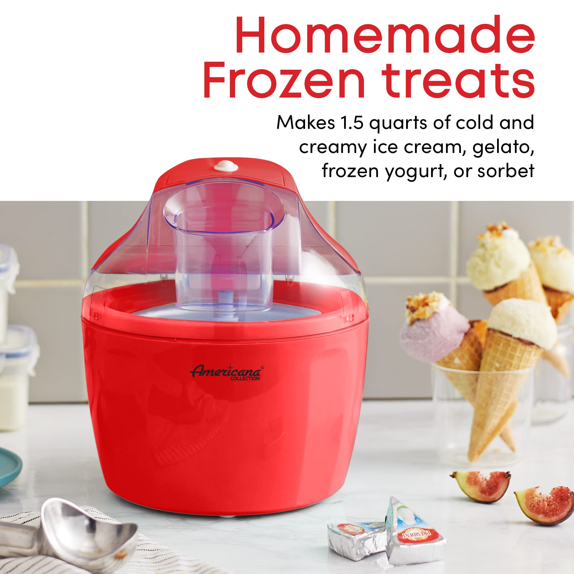 Americana EIM-1400R 1.5 Quart Electric Ice Cream Maker - Automatic Homemade Ice Cream Machine with Freezer Bowl, No Salt Needed - Make Creamy Ice Cream, Gelato, Frozen Yogurt & Sorbet - Includes Recipe Book & Ingredient Chute - Perfect for Parties, Family Gatherings & Summer Treats