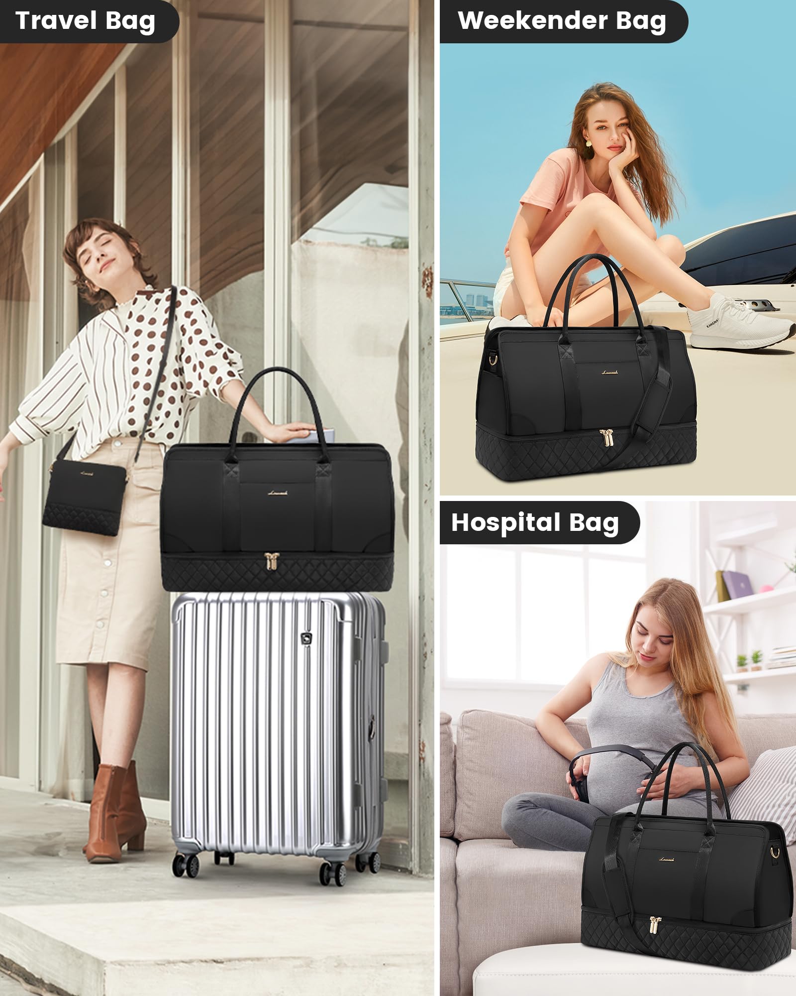 LOVEVOOK Women's Weekender Travel Duffle Bag with Shoe Compartment - Carry On Overnight Bag Set for Gym, Weekend Getaways & Business Trips