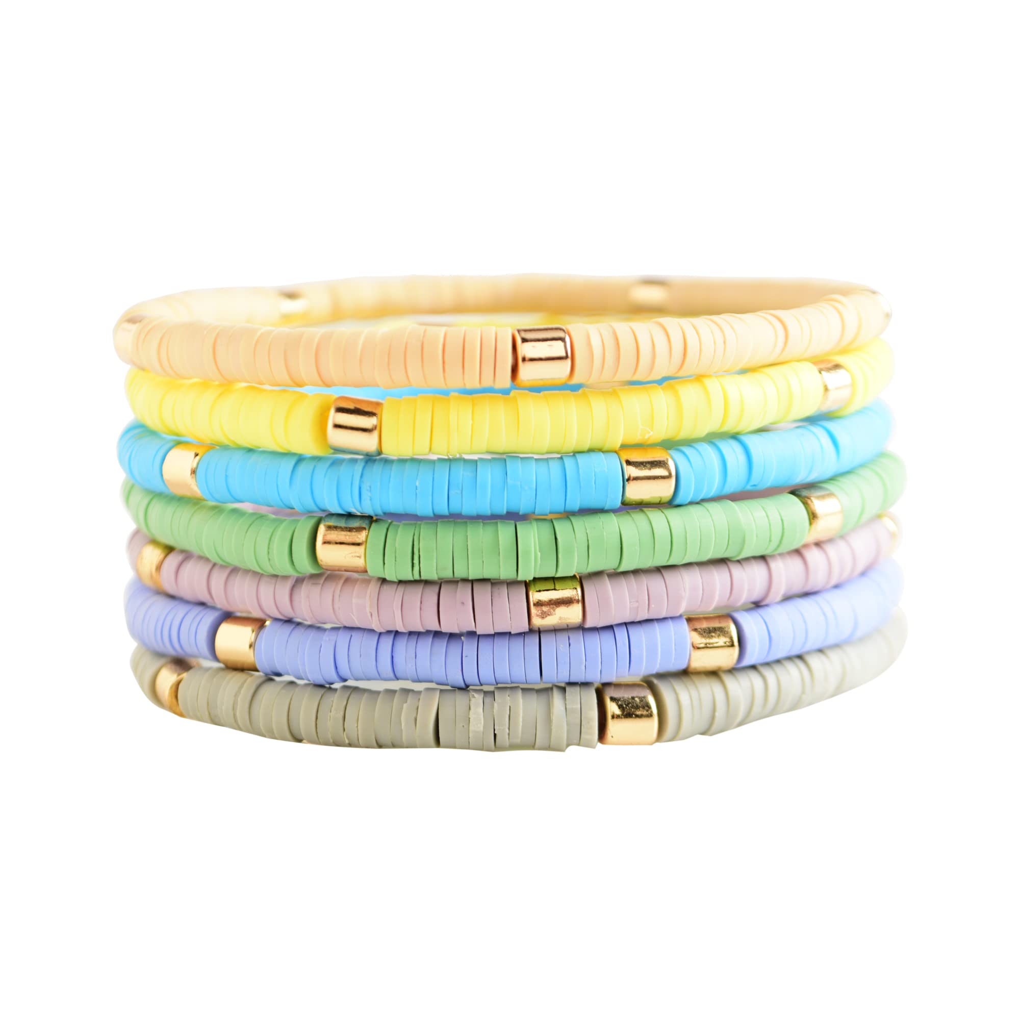 GOOJIDS Surfer Heishi Clay Bead Bracelets for Women - Bohemian Stackable Gold Beaded Stretch Bracelets Set, Elastic Layering Friendship Jewelry - Perfect for Beach Vacations, Music Festivals & Boho Fashion Accessories