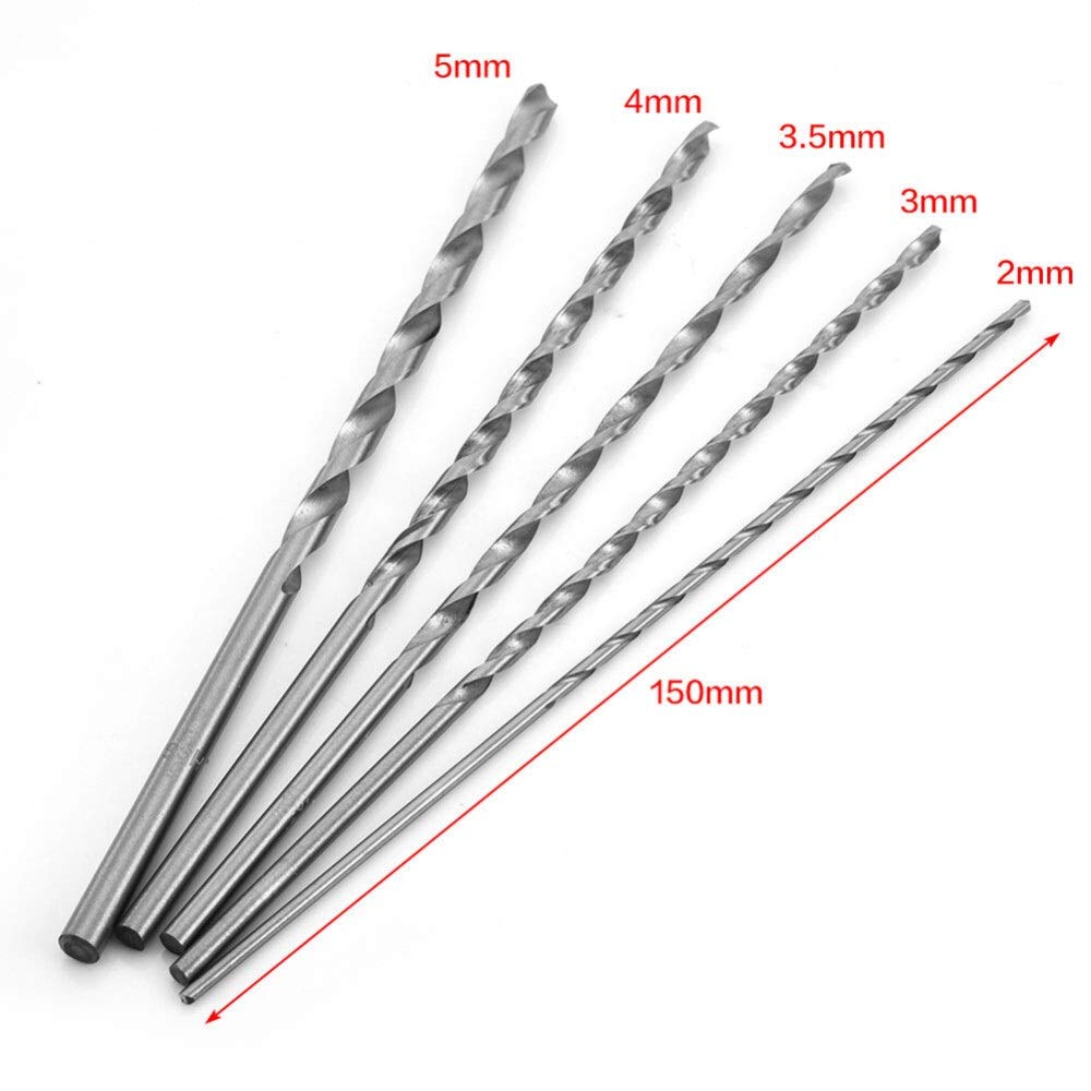 5-Piece Extra Long HSS Twist Drill Bit Set (2mm, 3mm, 3.5mm, 4mm, 5mm) - 150mm Straight Shank for Wood & Metal Drilling - Power Tool Accessories for DIY Projects, Furniture Making, and Home Repairs
