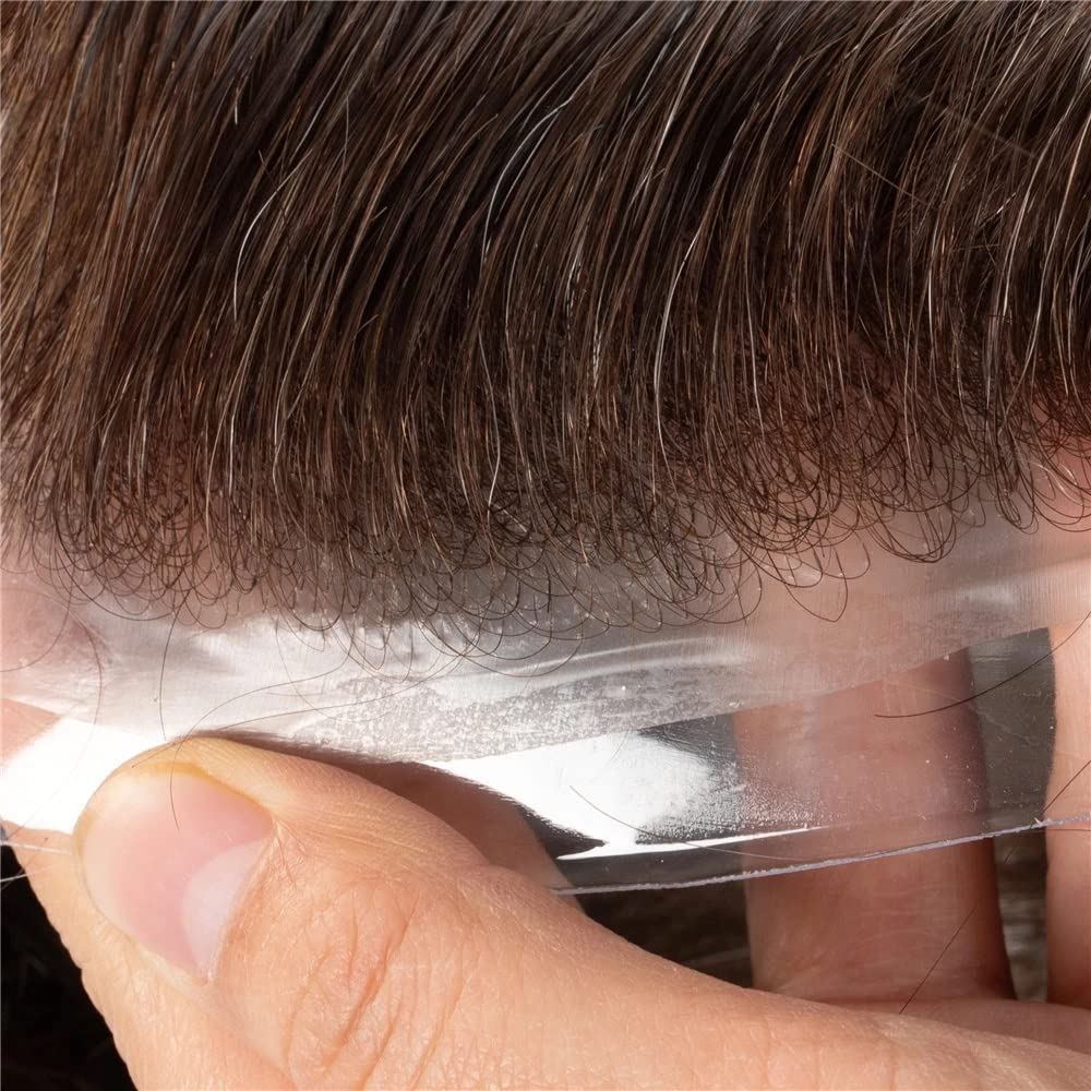Premium 8x10 Inch Men's Toupee - 100% Human Hair with Super Soft Thin Skin & V-Loop Knot - Natural Brown with 10% Gray (#310) - Comfortable Hair System for Daily Wear, Special Occasions & Confidence Boost