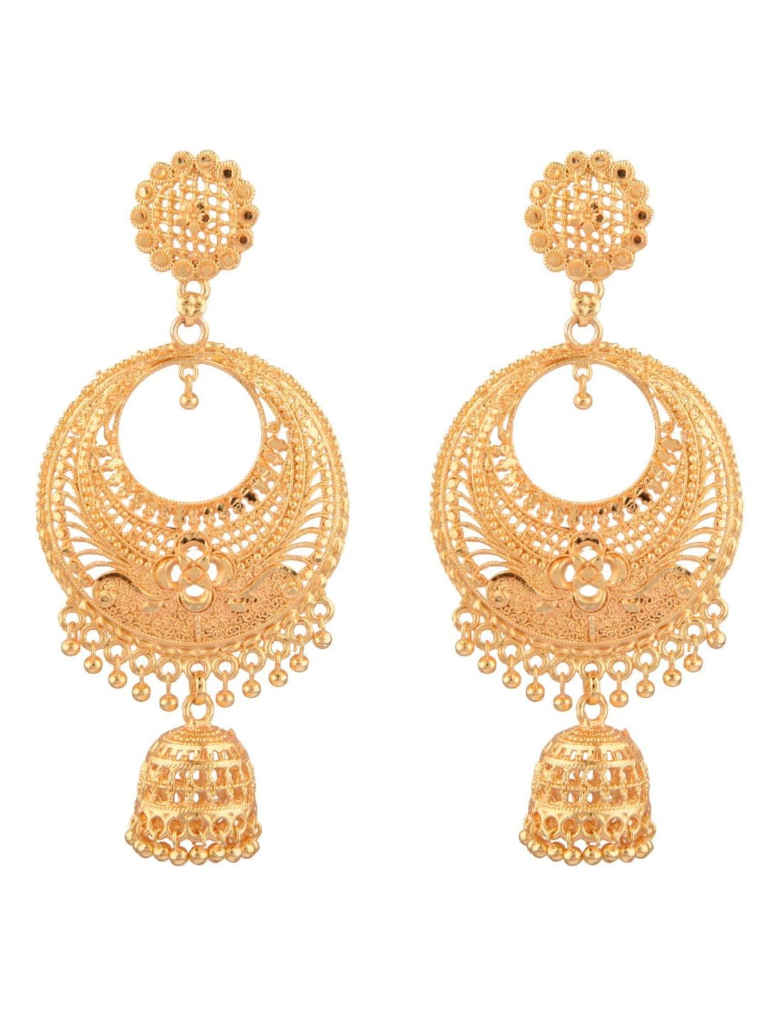 Elegant Gold Tone Indian Jhumka Earrings for Women – Traditional Bollywood Style Dangle Jhumki Earrings Set – Perfect for Weddings, Parties & Ethnic Fashion